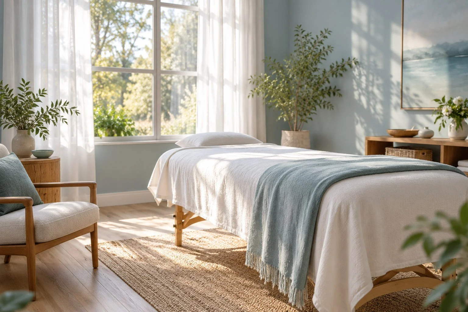 A treatment table with white linens and a blue-green blanket in a sunlit room with plants.