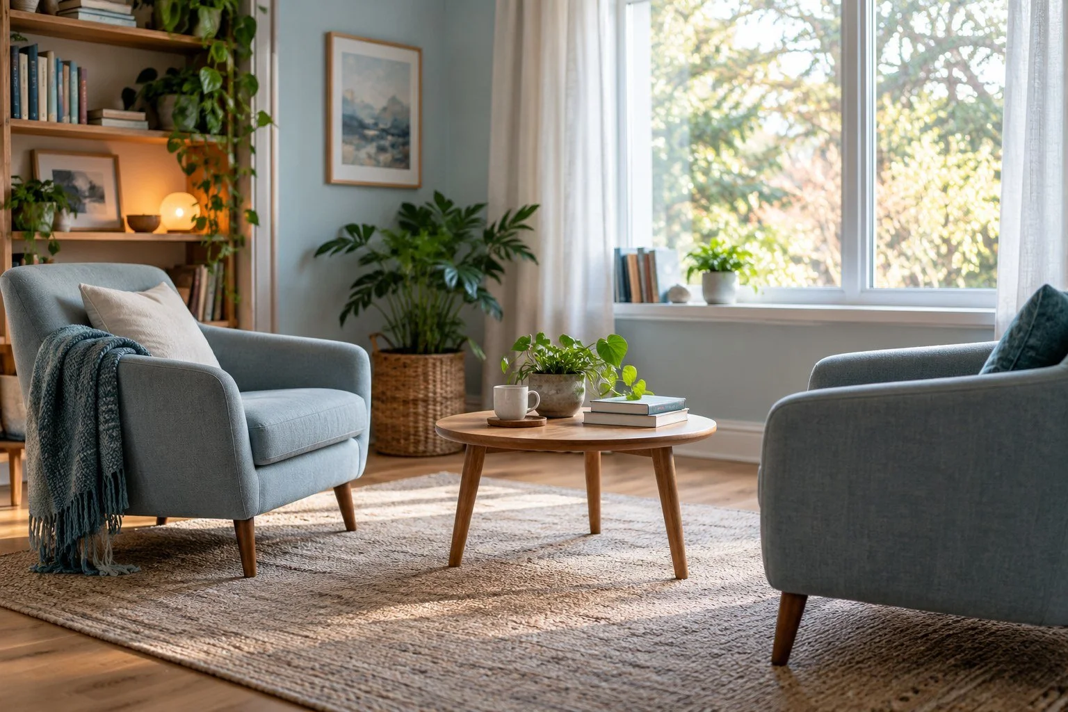 Two upholstered armchairs facing a small wooden table in a sunlit room with books and plants.