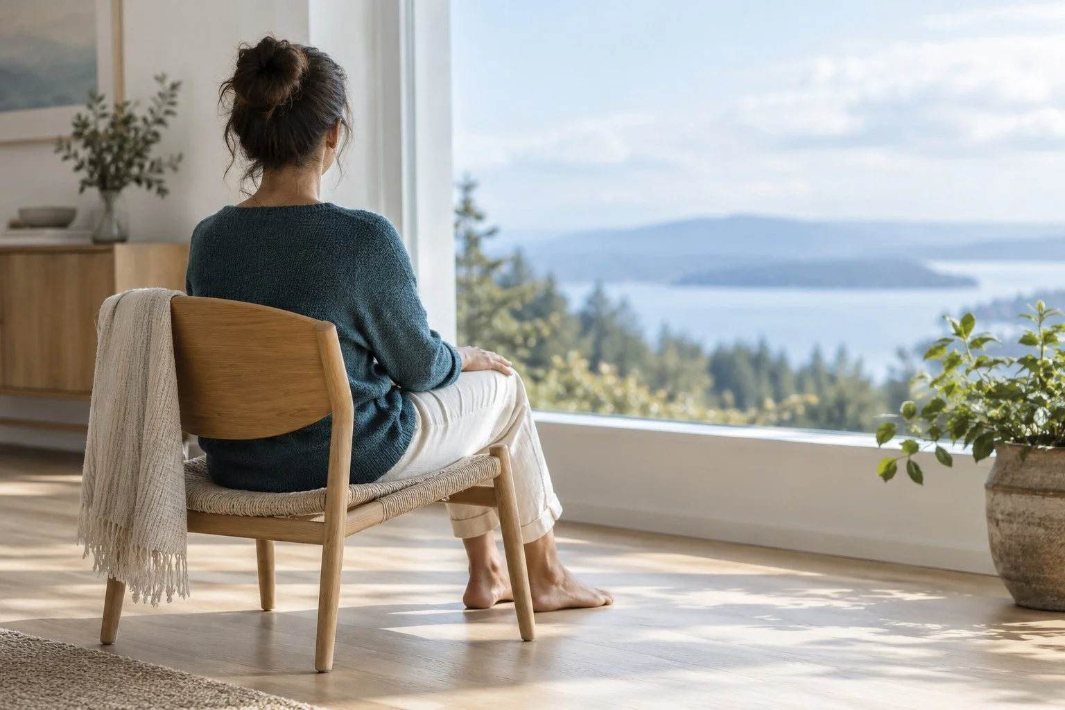 A person seated with bare feet on the floor, looking through a large window toward a lake and wooded hills.
