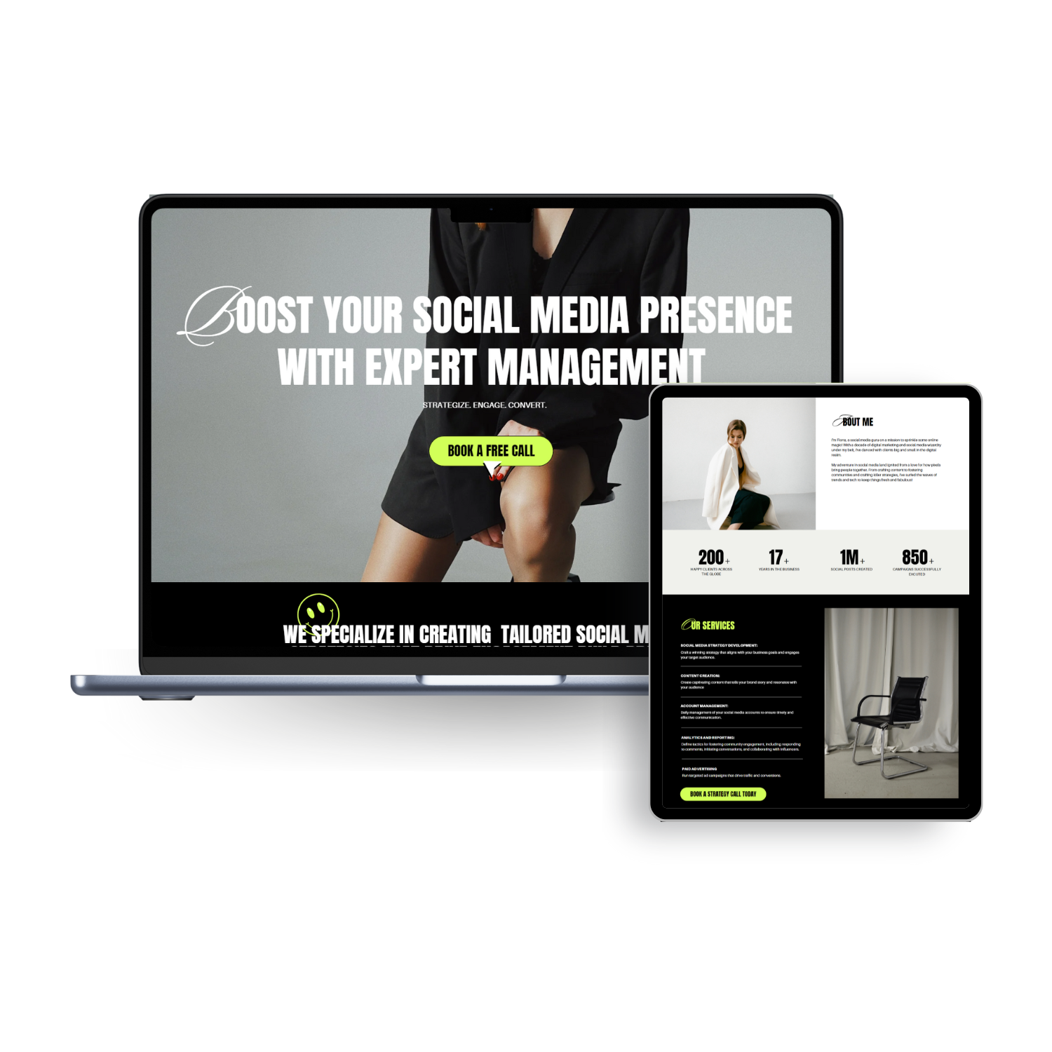 A digital marketing website displayed on a laptop and tablet screens, promoting social media management services with a call to action to book a free call.