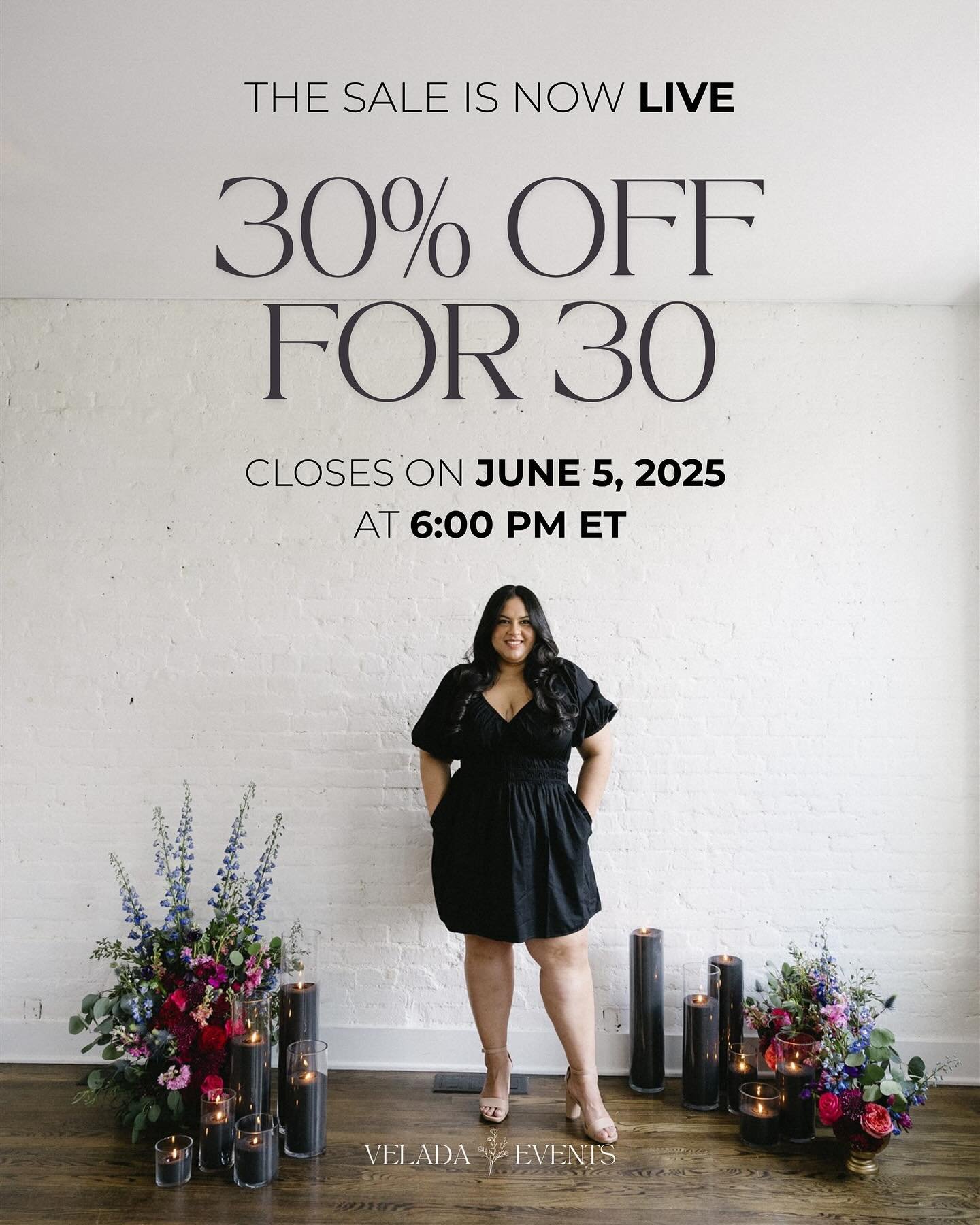 WE DID IT! 🎉

@velada.events has reached 1000 followers on Instagram WELL BEFORE our June 22nd deadline so you know what that means?

30% OFF sale is LIVE starting NOW at 12:00pm ET on 6/4 &amp; it will end on TOMORROW 6/5 at 6:00pm ET

To get the d