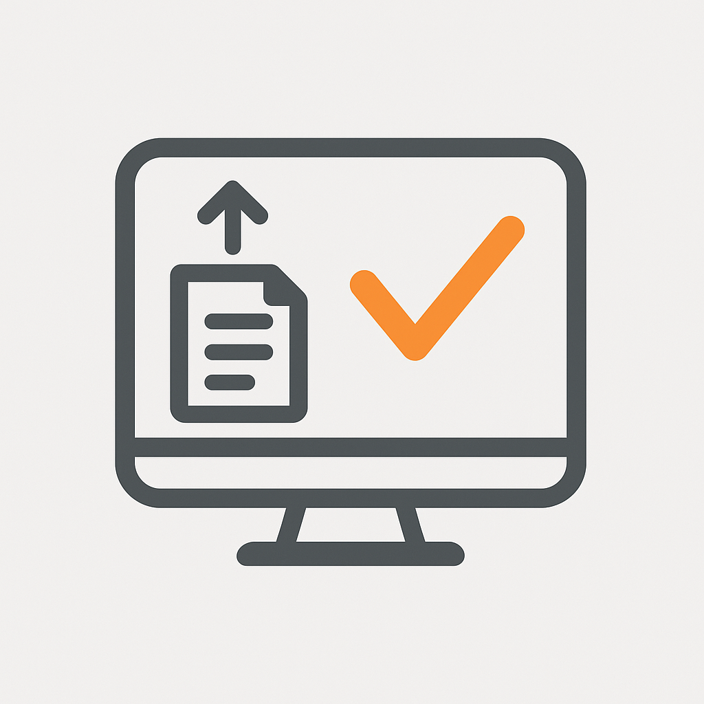 Computer monitor displaying a document upload icon and a checkmark.