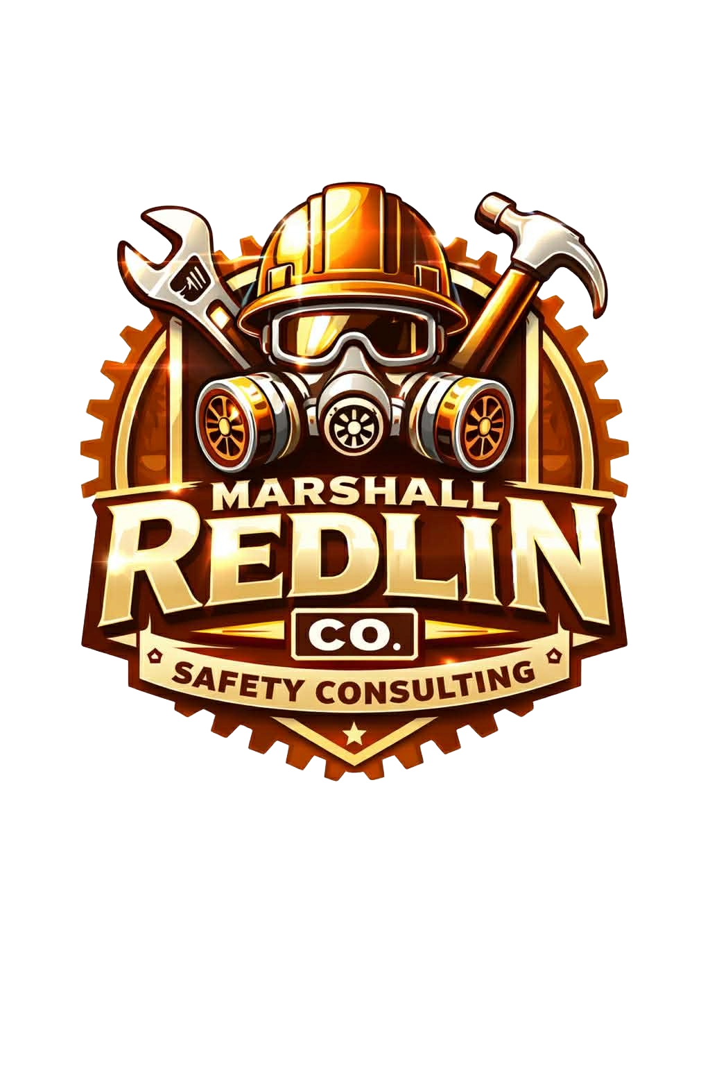 Logo for Marshall Redlin Co. Safety Consulting featuring a construction helmet, a gas mask, a wrench, a hammer, and gear elements.