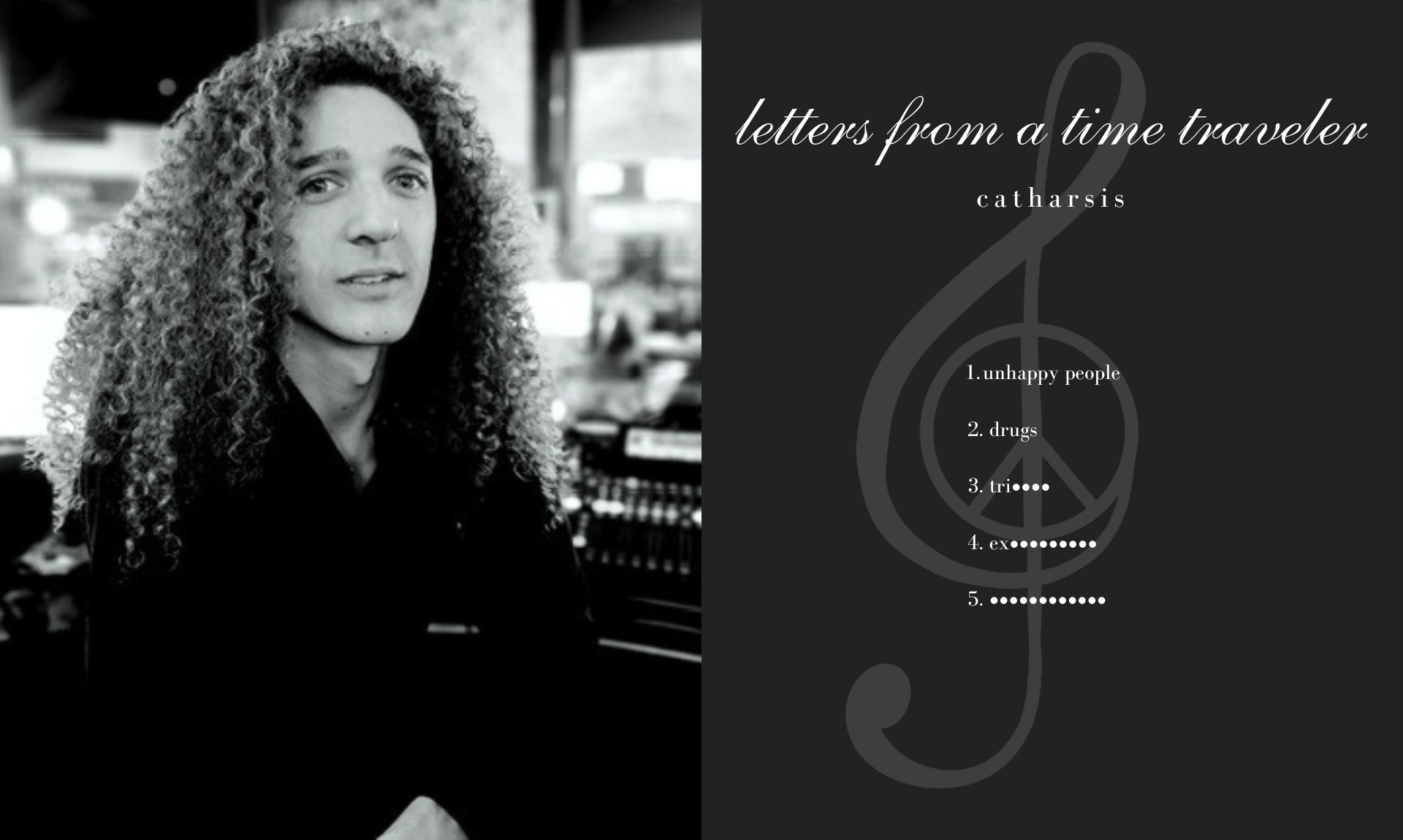 Black and white album cover featuring a man with curly hair on the left and musical notes with song titles on the right. Joey DiTullio (J.O.E.) upcoming album titled letters from a time traveler.