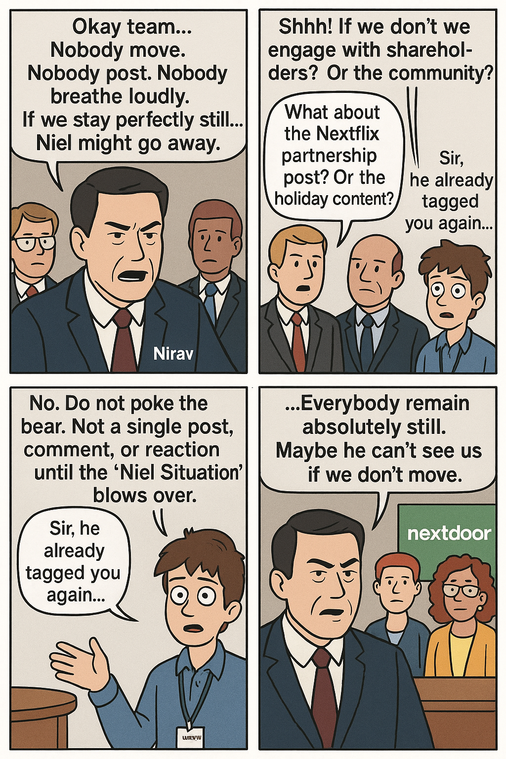 🫢 “Everybody Freeze!” — A Fictional Scene Inside #Nextdoor HQ