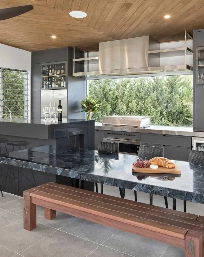 modern australian outdoor beefeater barbeque custom alfresco kitchen design stainless steel outdoor rangehood and bar fridge Kitchen Design & Joinery Services