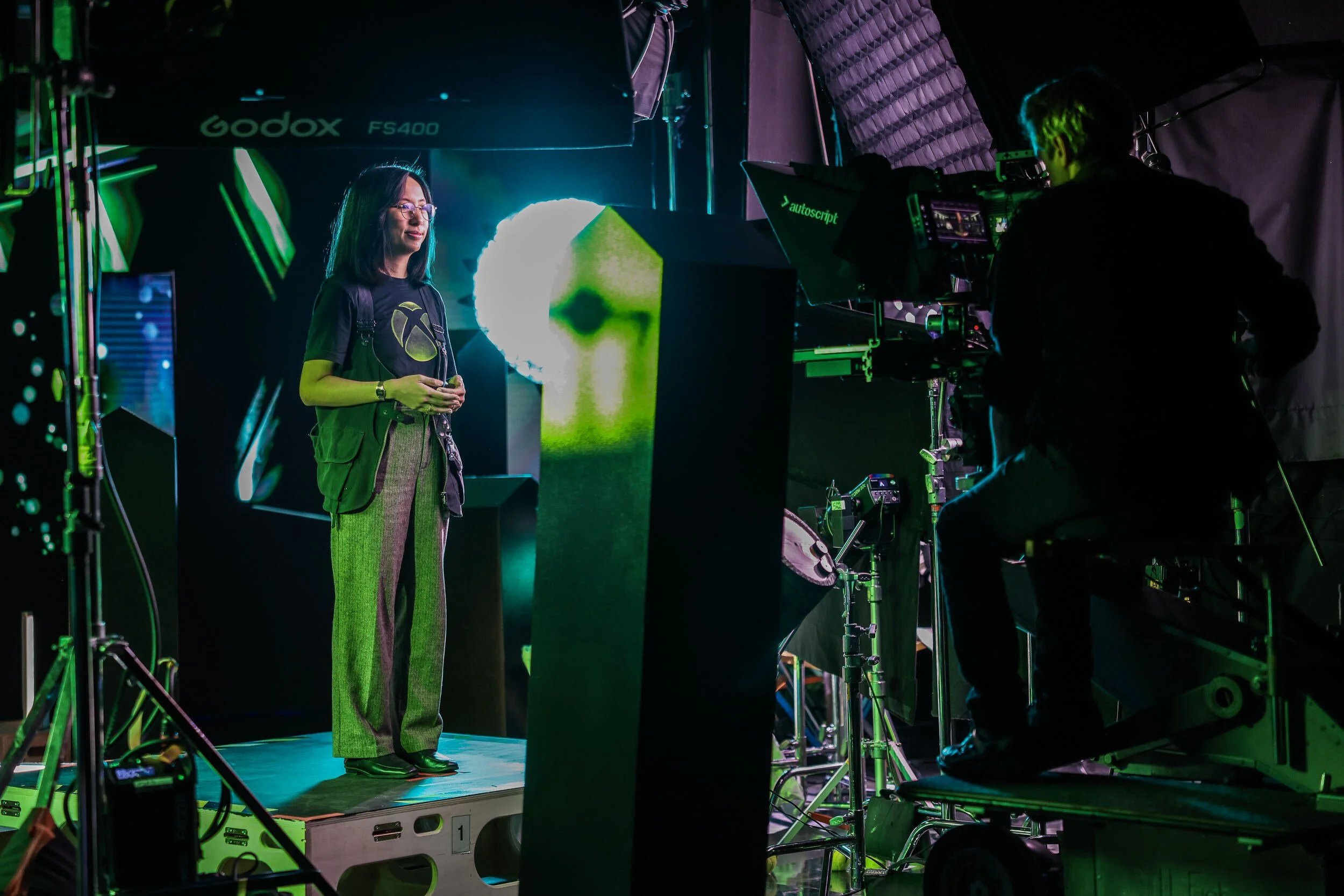 CEO of Hyper and Director of Virtual Production, Malika Lim Eubank, standing in as CEO of XBOX, Asha Sharma during production setup