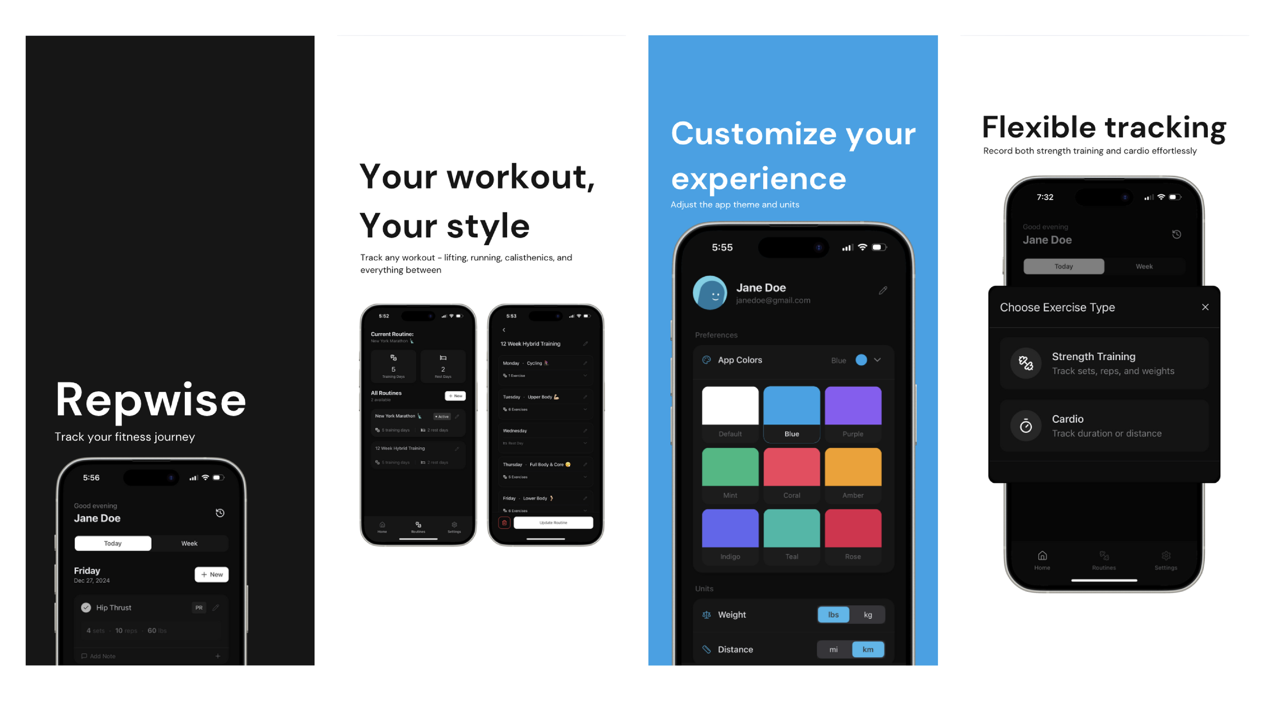 first draft of app previews for the app repwise, a fitness tracker