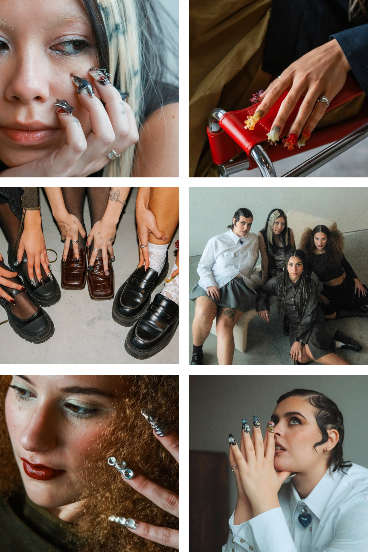 Collage of fashion-focused images featuring unique manicures, stylish shoes, and a group of individuals in trendy clothing.