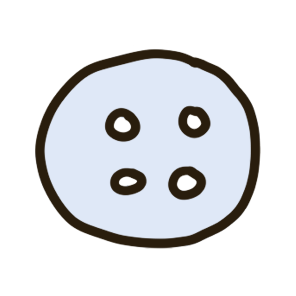Simple drawing of a blue button with four holes.