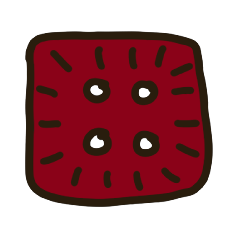 Illustration of a dark red square with four circular holes and black lines radiating outward inside it.