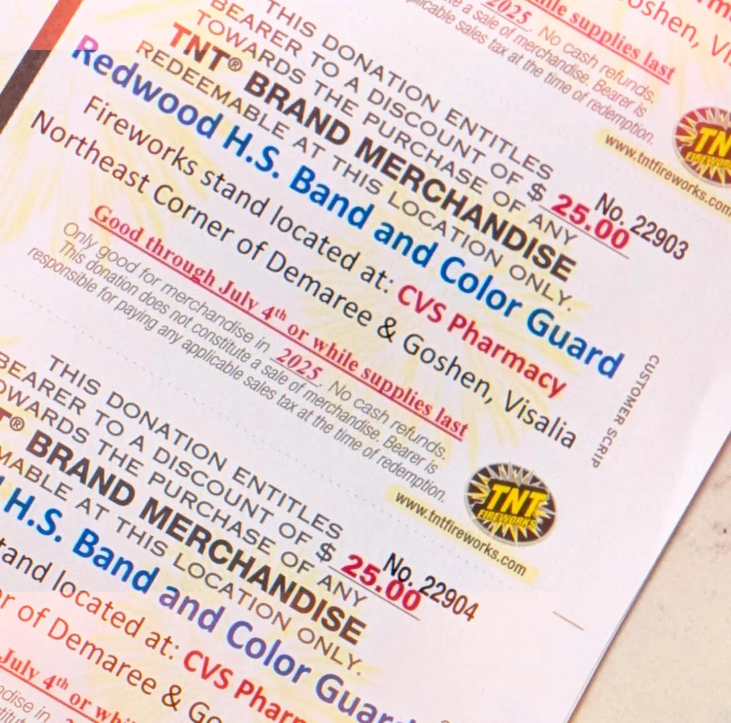 My daughter is selling script certificates at $25 each. This will help her color guard fees for the upcoming year. If you are buying fireworks this year, please consider helping out The Redwood Band and Color guard. They will be selling at the TNT bo