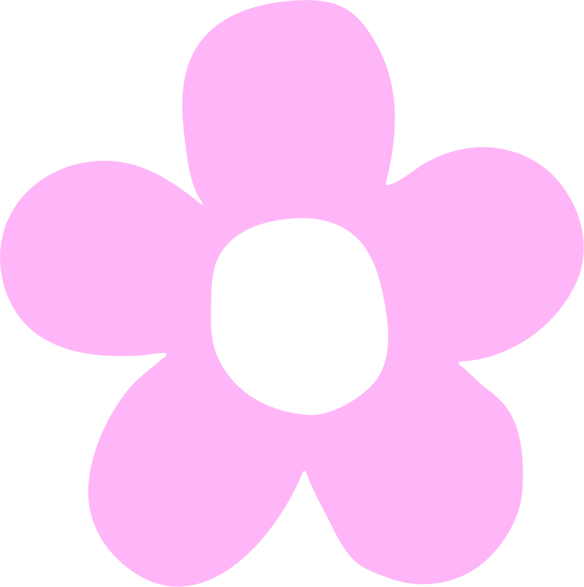 A cartoon-style pink flower with five petals and a black center.