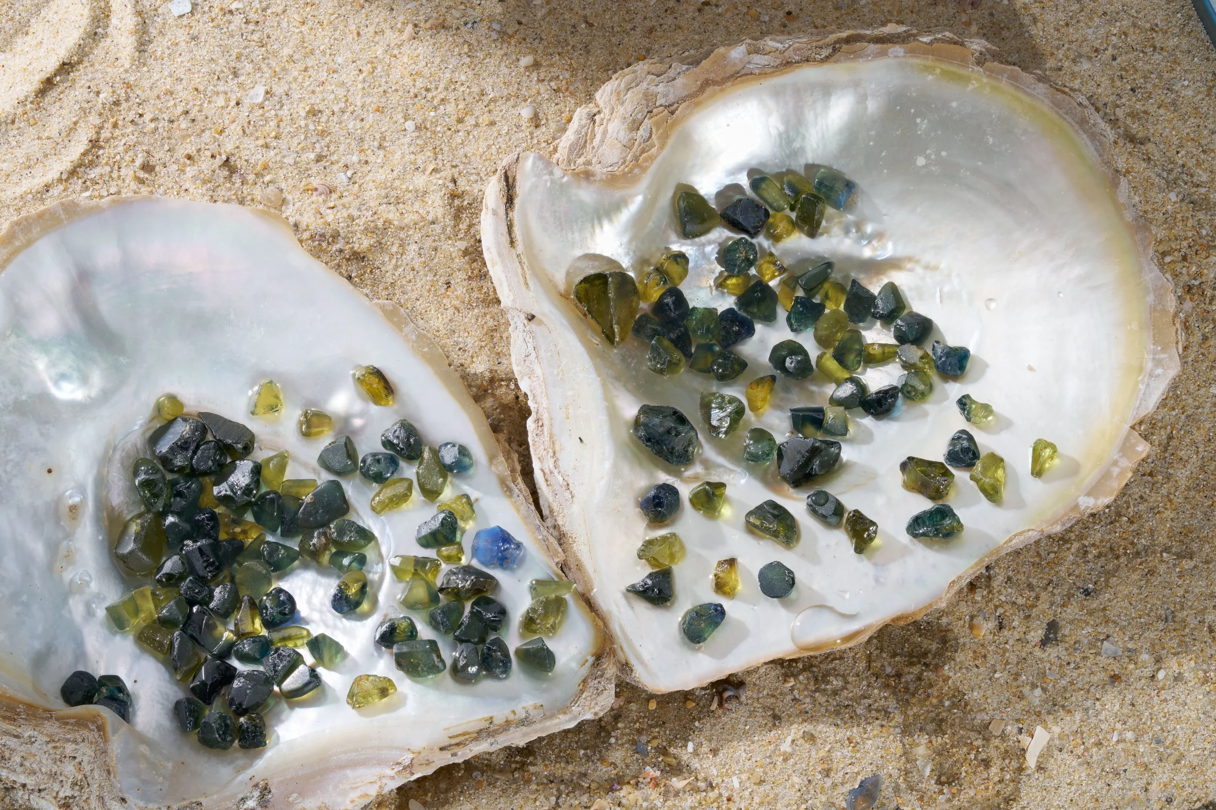 Multi-coloured rough sapphires presented in an oyster on sand