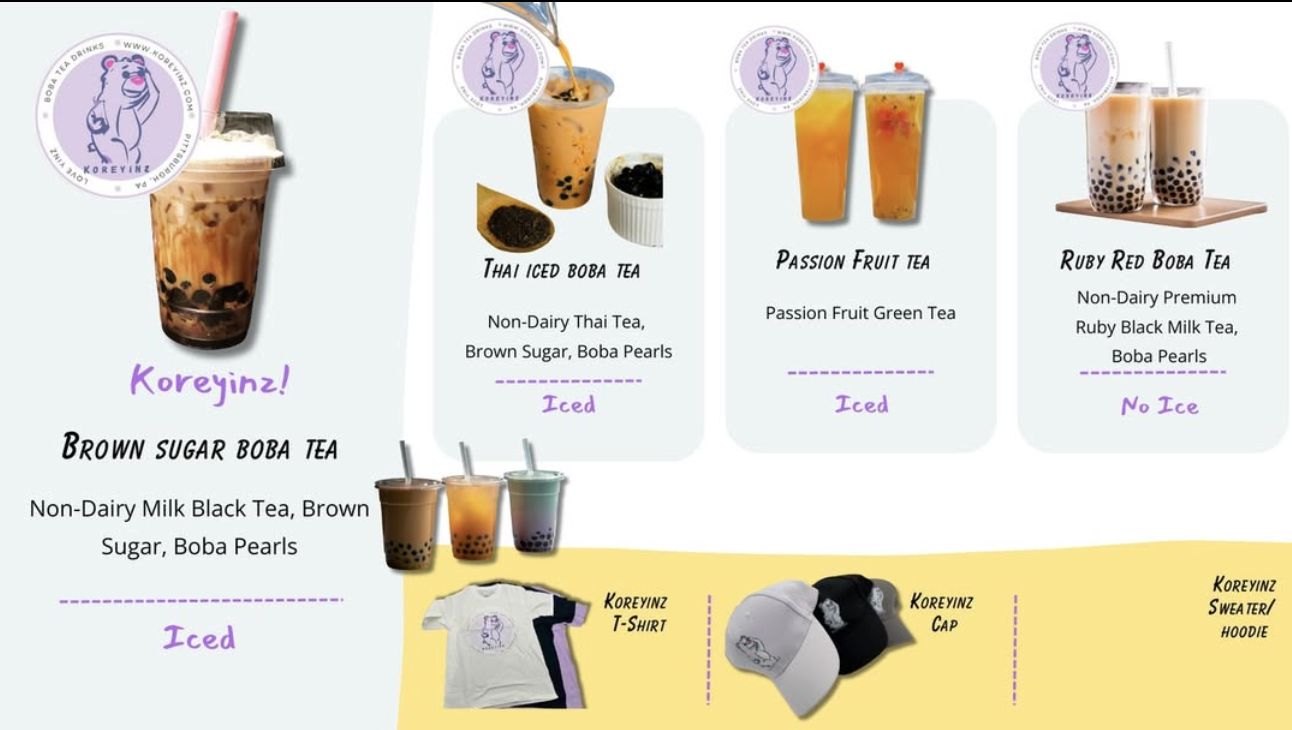 A menu display featuring various bubble tea drinks from Koreyinz. The drinks include Brown Sugar Boba Tea with tapioca pearls, Thai Iced Boba Tea with brown sugar and boba pearls, Passion Fruit Green Tea, and Ruby Red Boba Tea with ruby black milk te