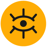 Black eye with eyelash on yellow circular background.