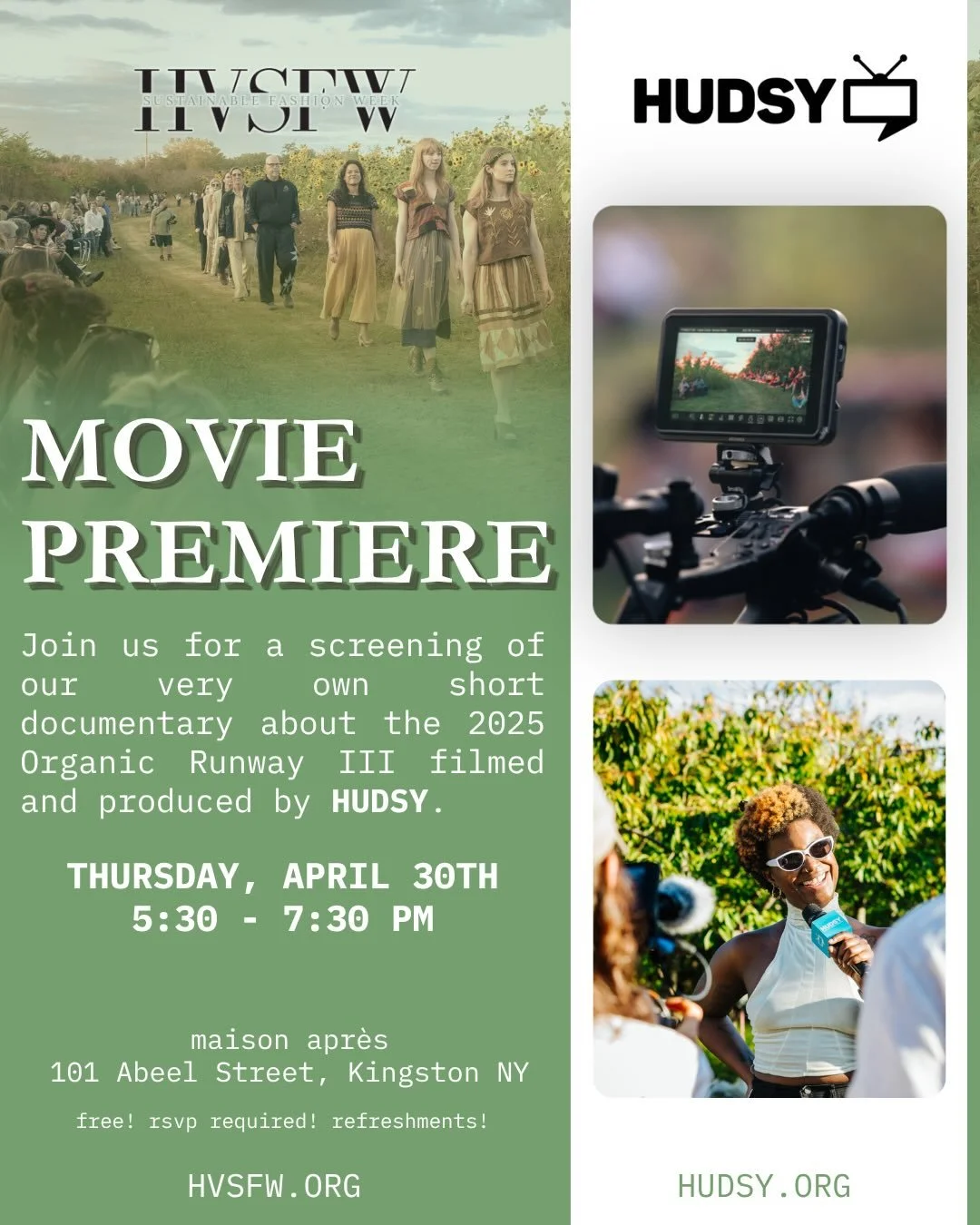 💫 thursday, april 30th, will be one for the books. close out earth month in kingston at the premiere of our very first short film captured + produced by @hudsytv on the making of the HVSFW show 🎥

whether you&rsquo;ve been with us from the beginnin