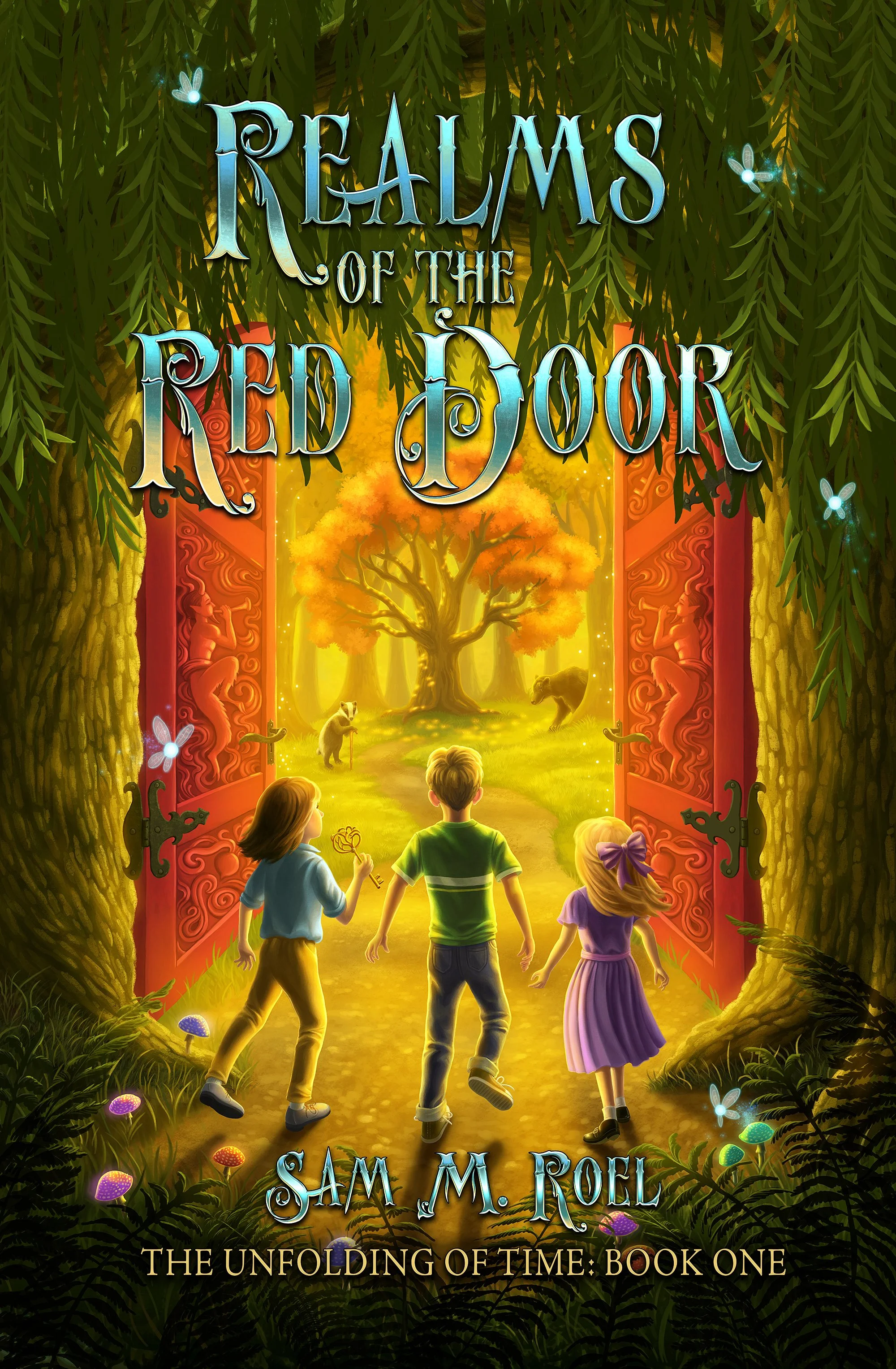 Children walking into a magical forest doorway surrounded by trees, glowing mushrooms, and fireflies. The scene is fantasy-themed, with a title 'Realms of the Red Door' and the author's name, 'Sam M. Roel.'