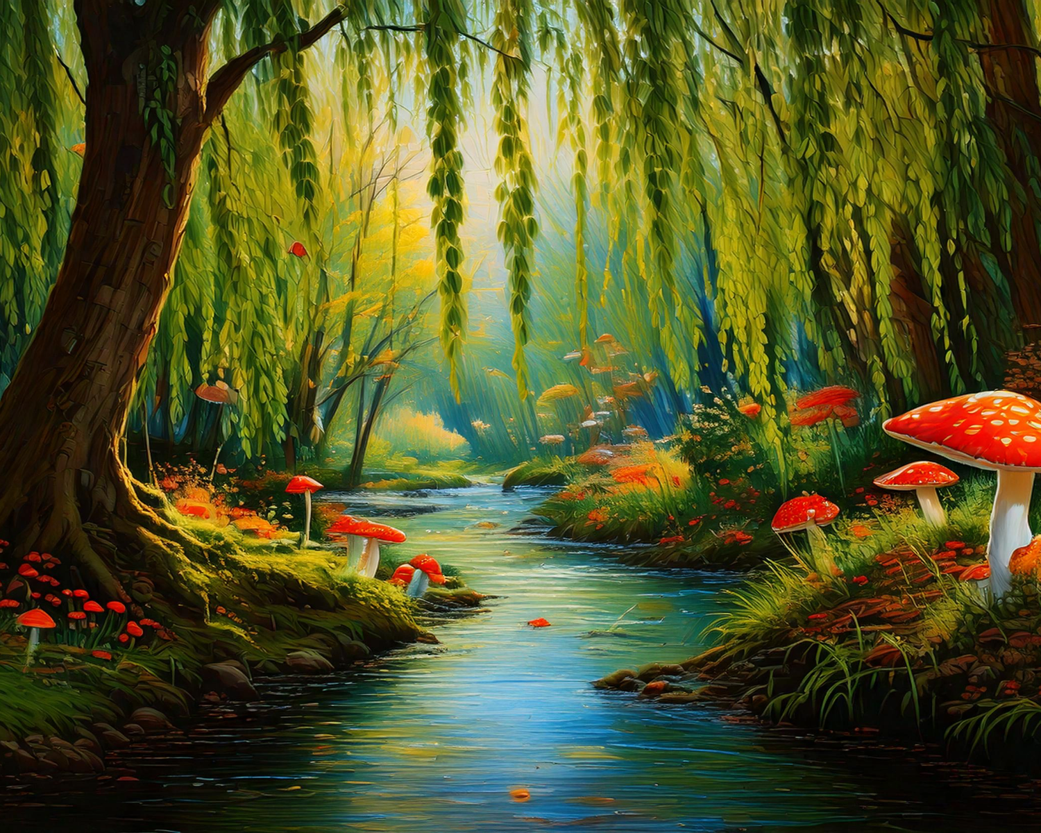A digital painting of a forest stream with large red and white mushrooms, lush green foliage, hanging willow branches, and sunlight filtering through the trees.