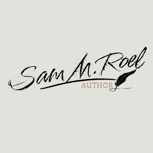Signature-style text with the name "Sam M. Roel" and the word "AUTHOR" beneath it, with a feather pen graphic.
