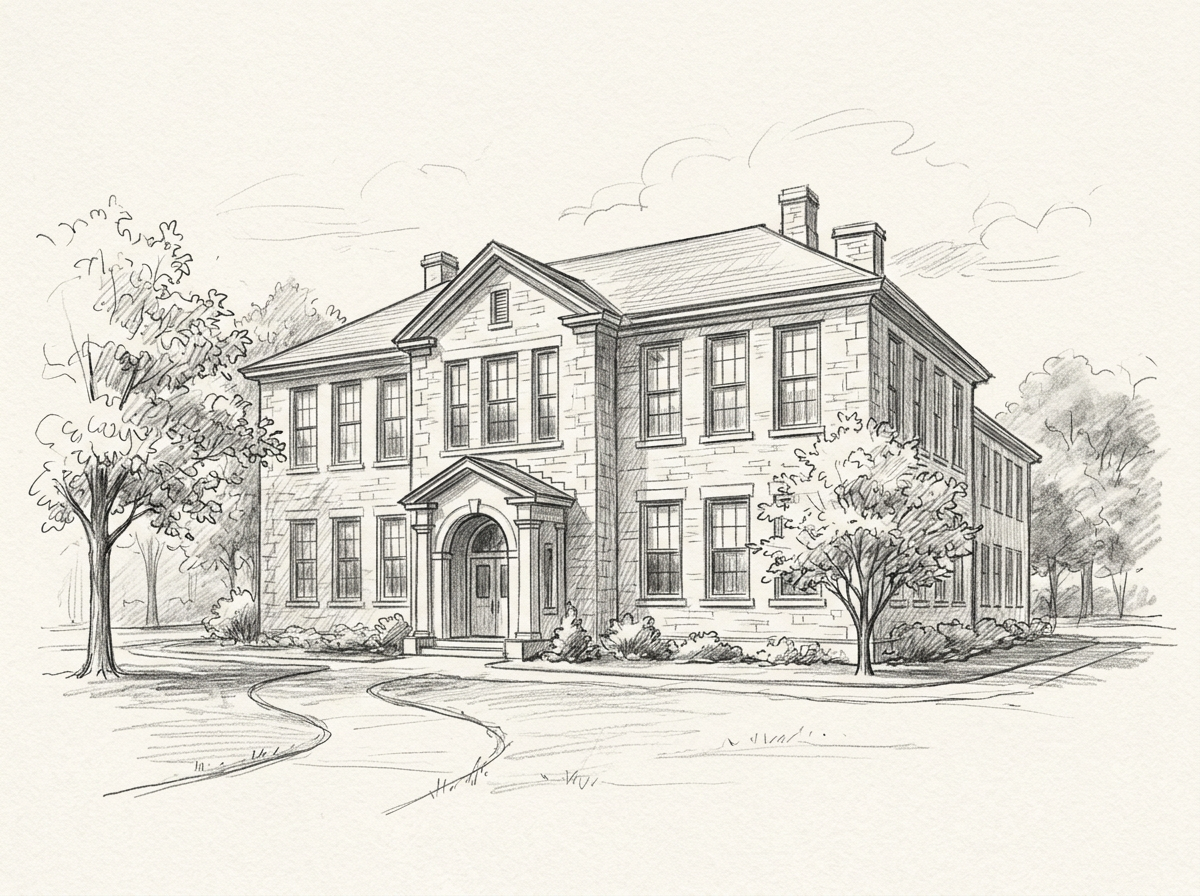 Sketch of a large, two-story house with trees and a curved pathway in front.