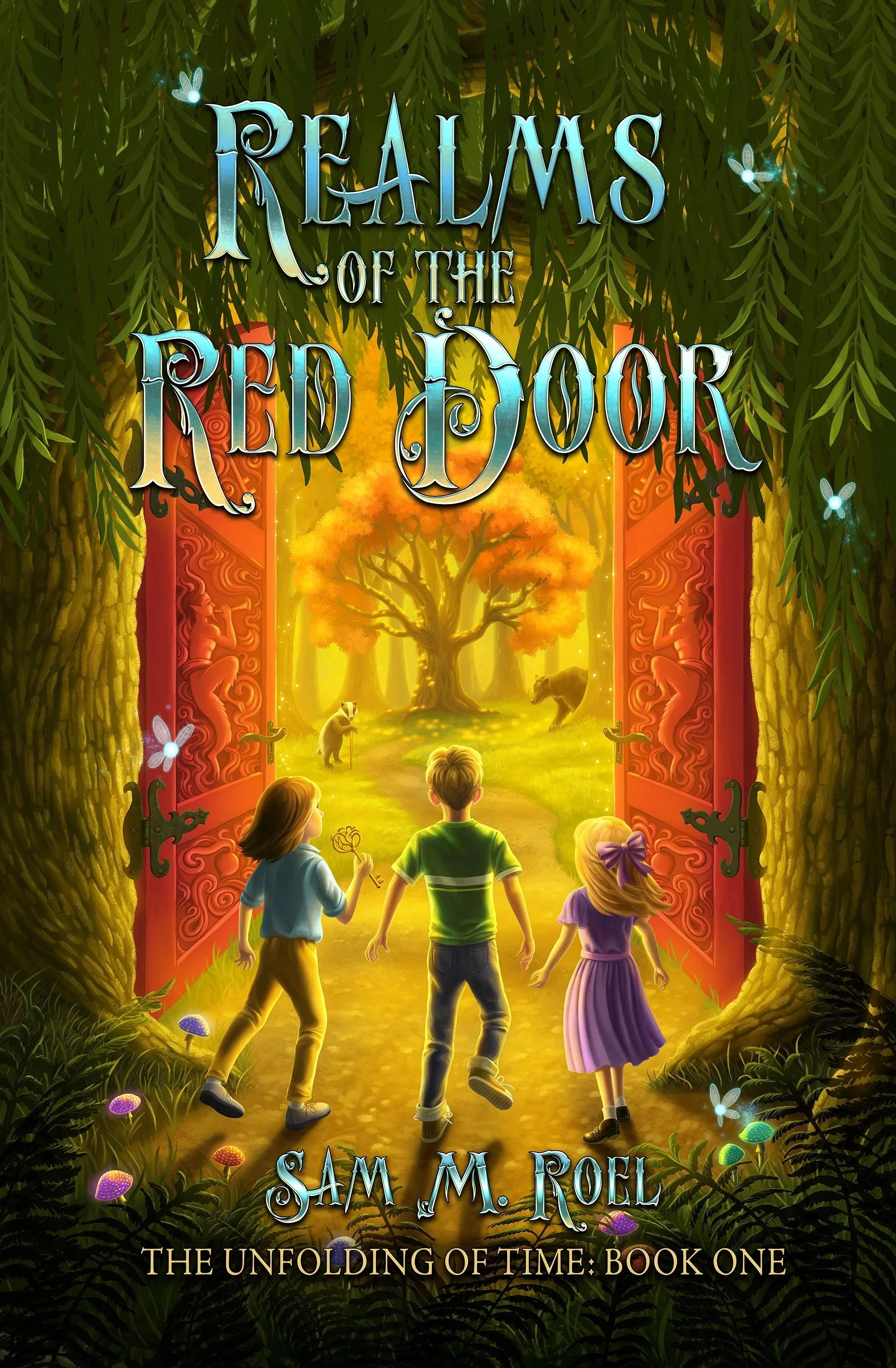 Children walking through a magical, open doorway into a glowing forest with animals and butterflies, on the cover of a fantasy book titled 'Reams of the Red Door' by Sam M. Roel.