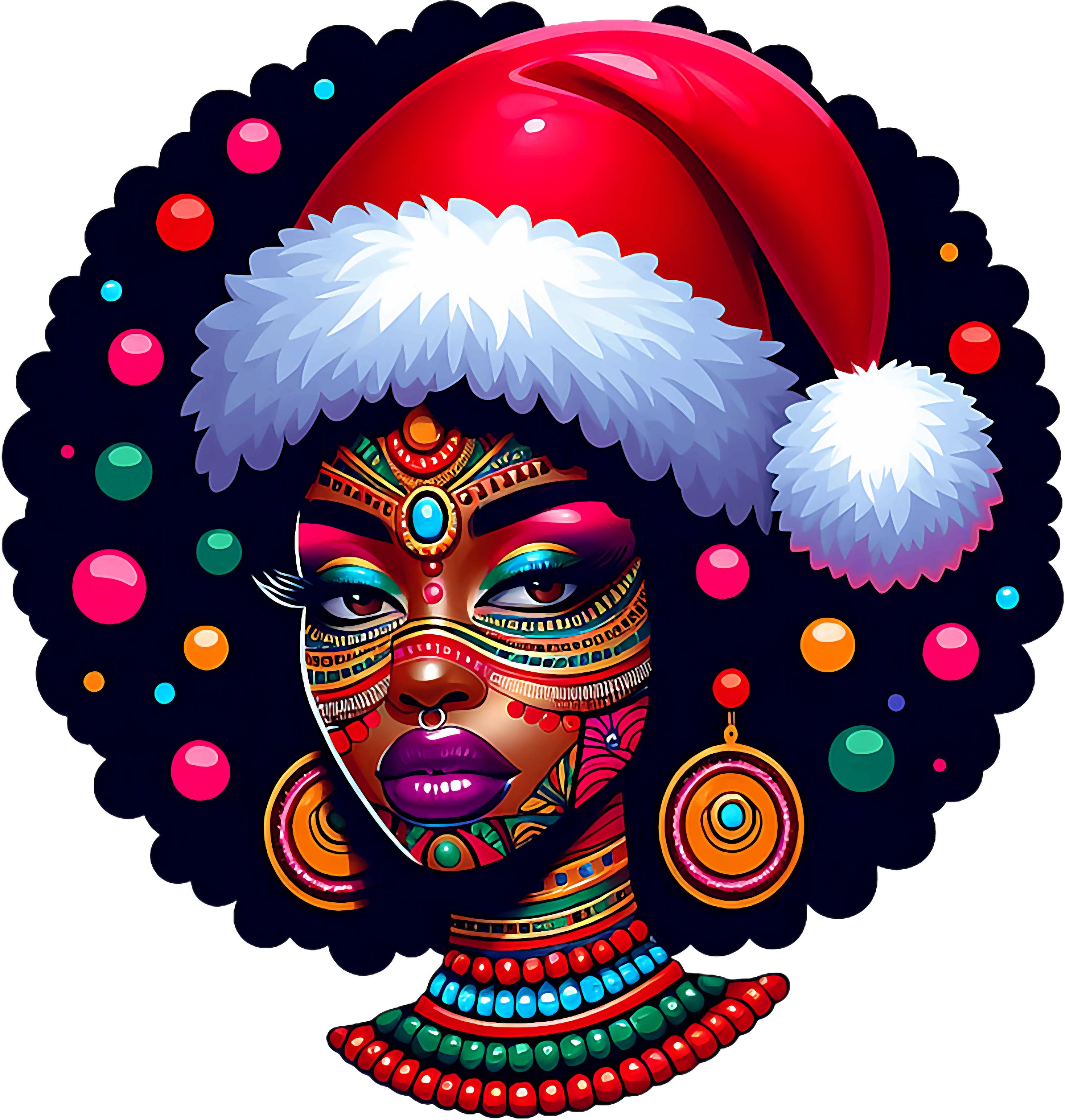 Cute Christmas Santa Pajama African American Afro Black Girl T-Shirt.png