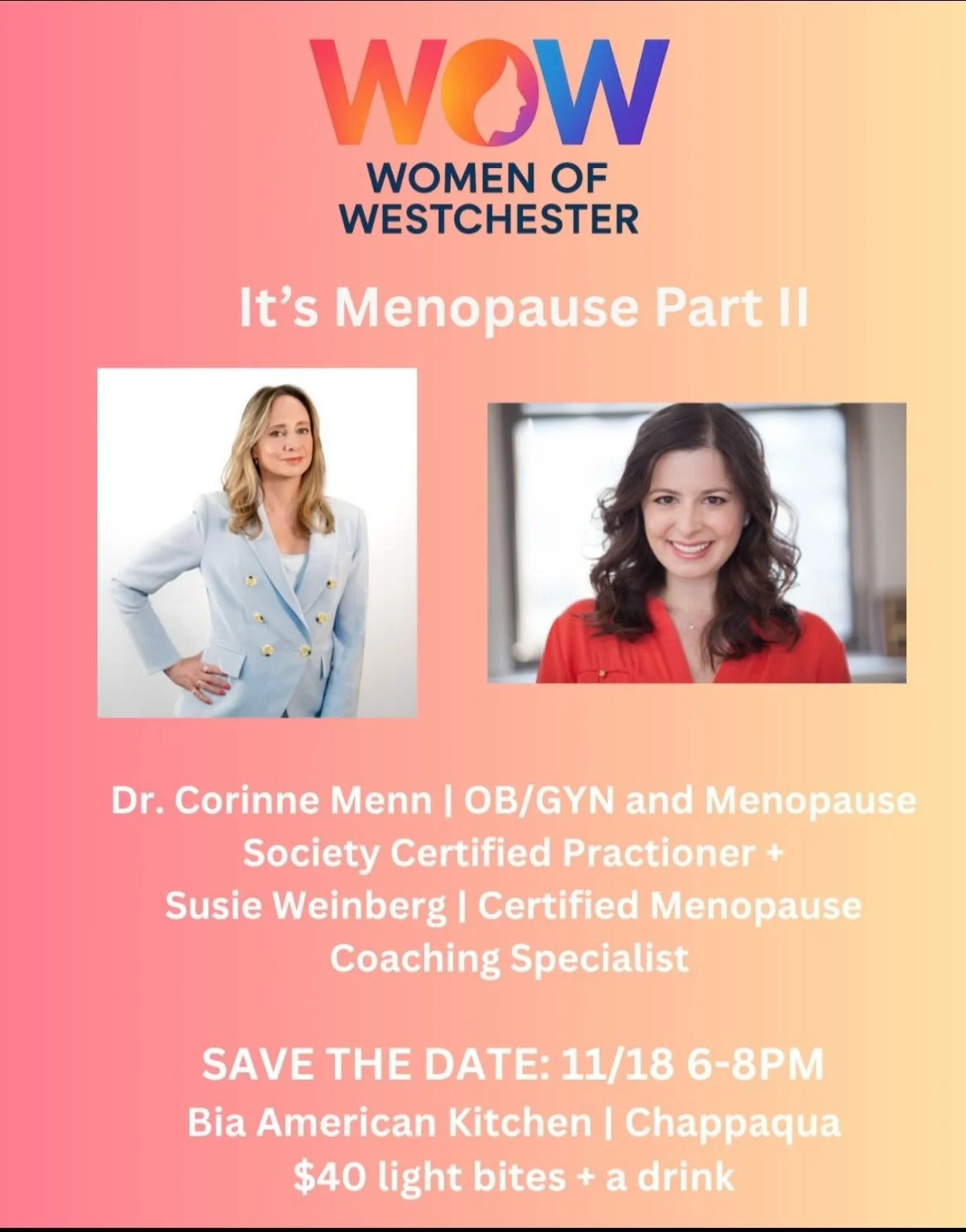 SAVE THE DATE 🗓️ It&rsquo;s Menopause Part II!

Back in April, @drmennobgyn and I joined @westchesterwow for an evening of real, honest conversation about perimenopause, menopause, HRT, and so much more, and the questions didn&rsquo;t stop coming.

