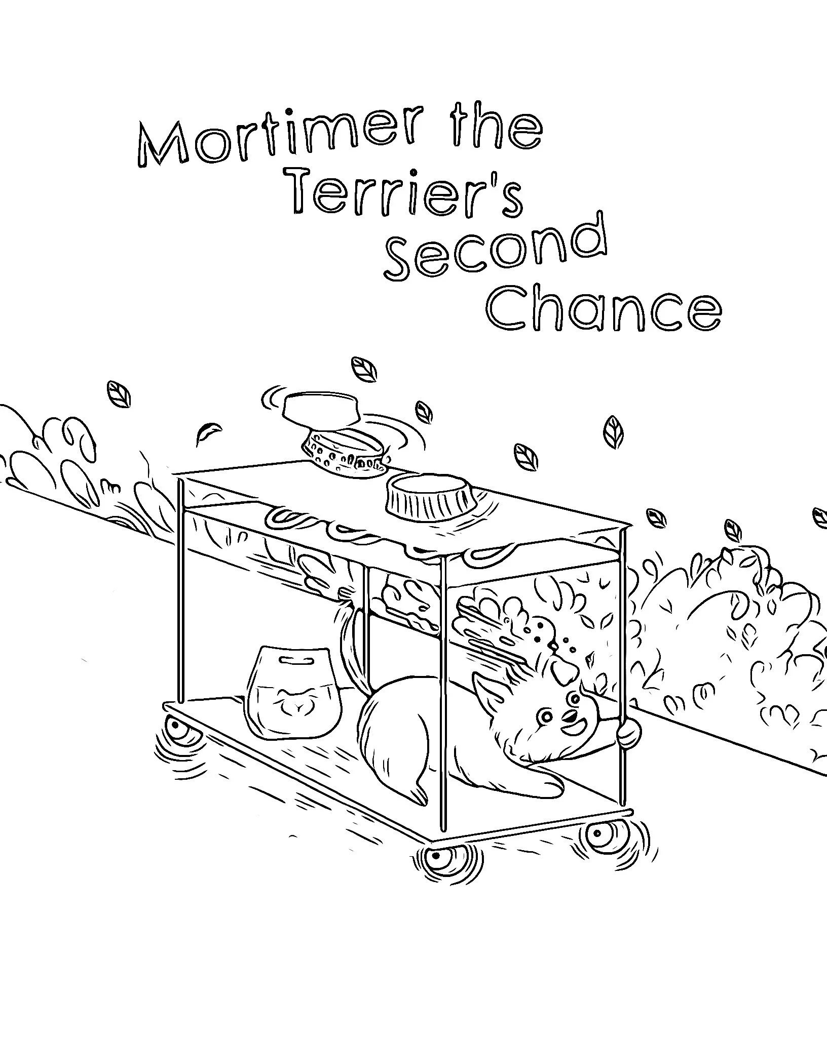 A black-and white sketch of the cover of Mortimer the Terrier's Second Chance, which serves as the cover for a coloring book based on the book.
