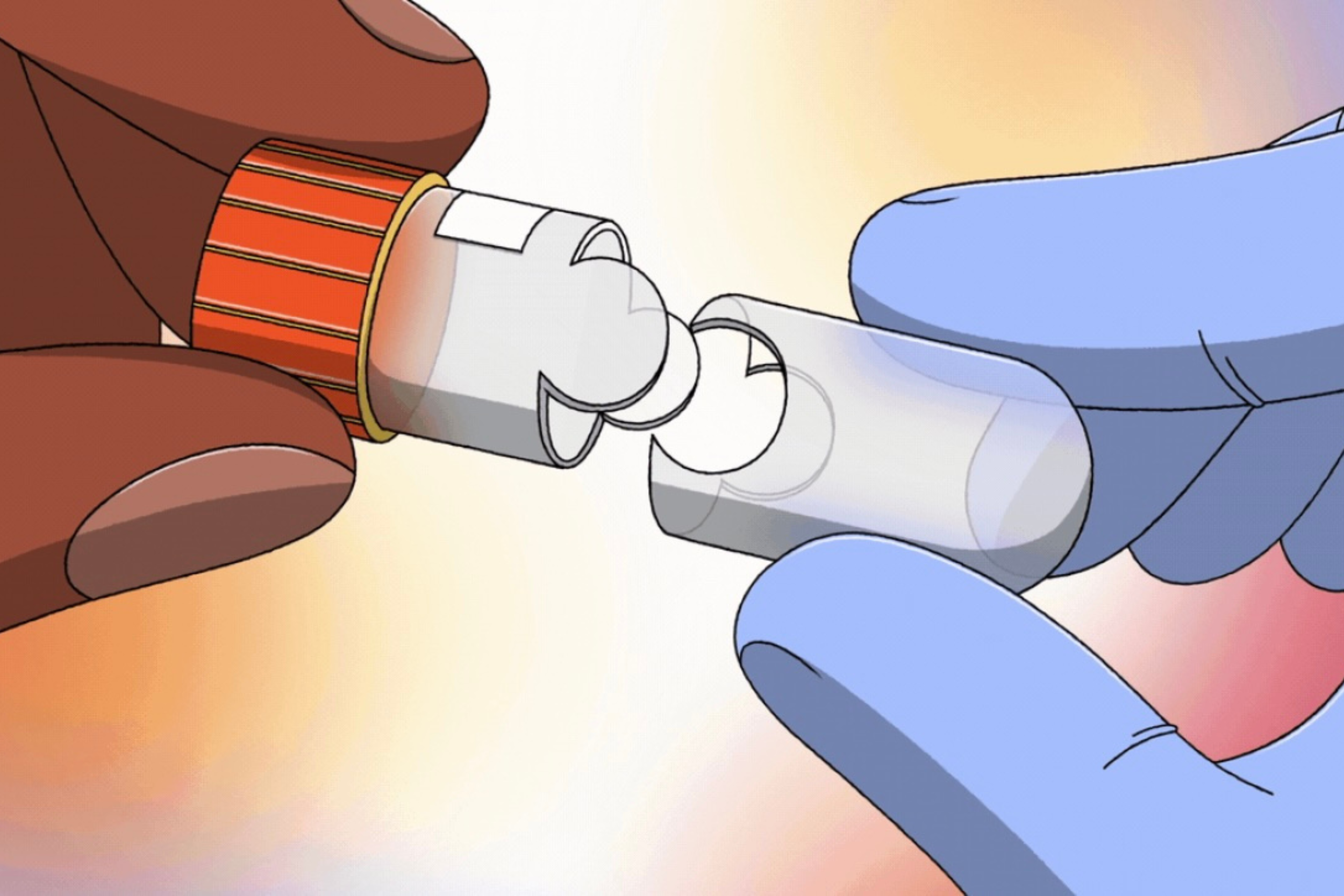 An abstract drawing of two hands, focused only on the fingertips. The hand on the left is bare, and between the pointer and forefinger is half of a pill capsule. The hand on the right is gloved, and between the thumb and forefinger is another half. 
