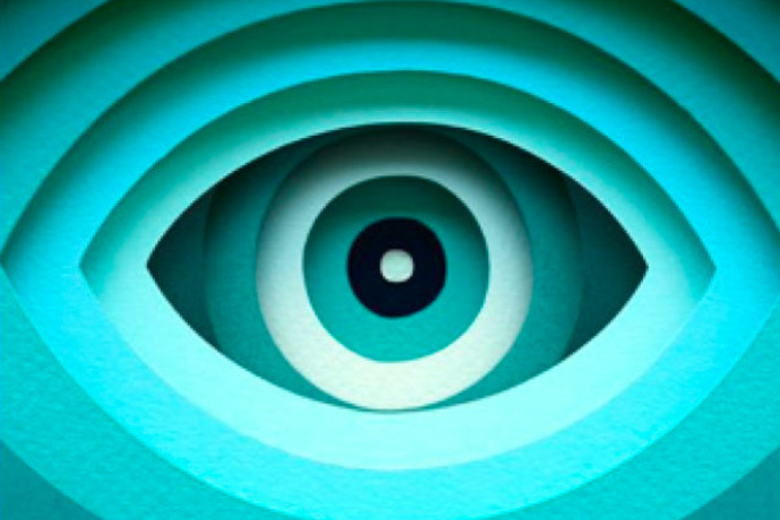 An abstract image of an eye in various shades of teal. The eyeball is in the center, and radiating out from there are concentric ovals. 