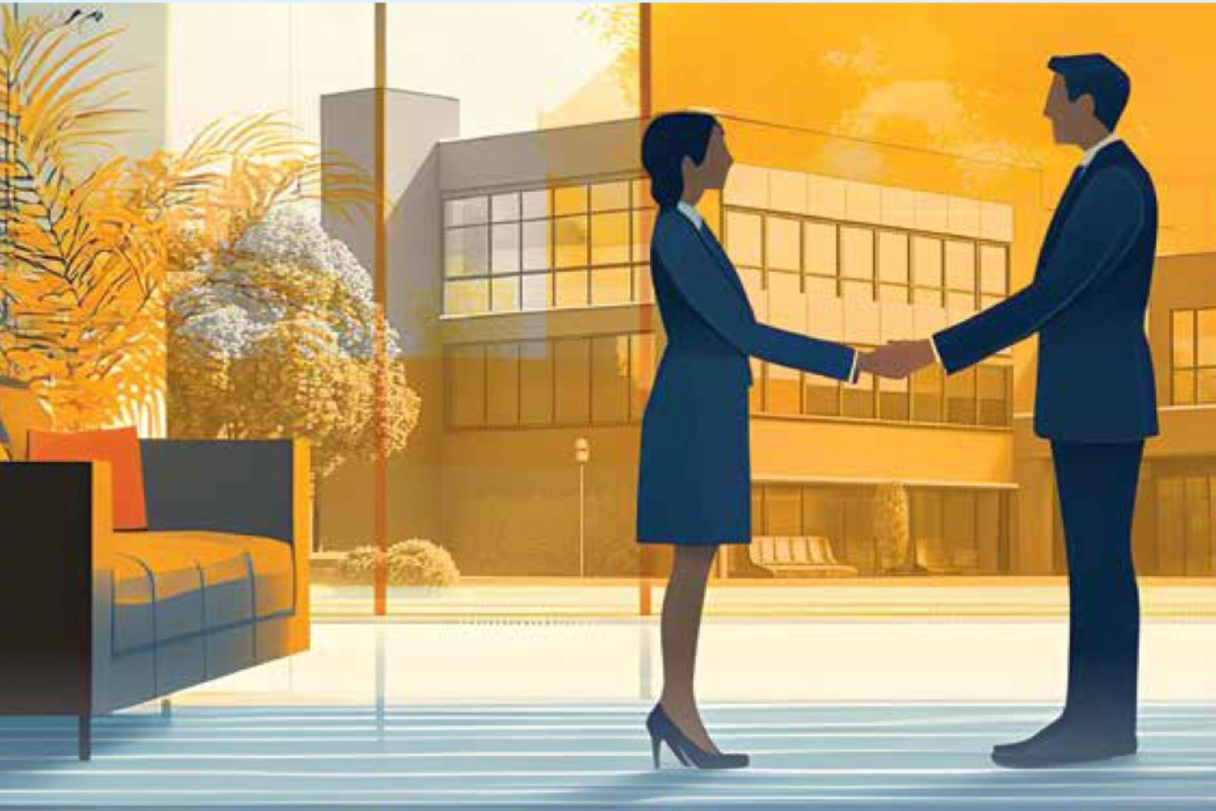 An illustration of a man and a woman shaking hands. They appear to be outside of a large, institutional building and are dressed in business attire. 