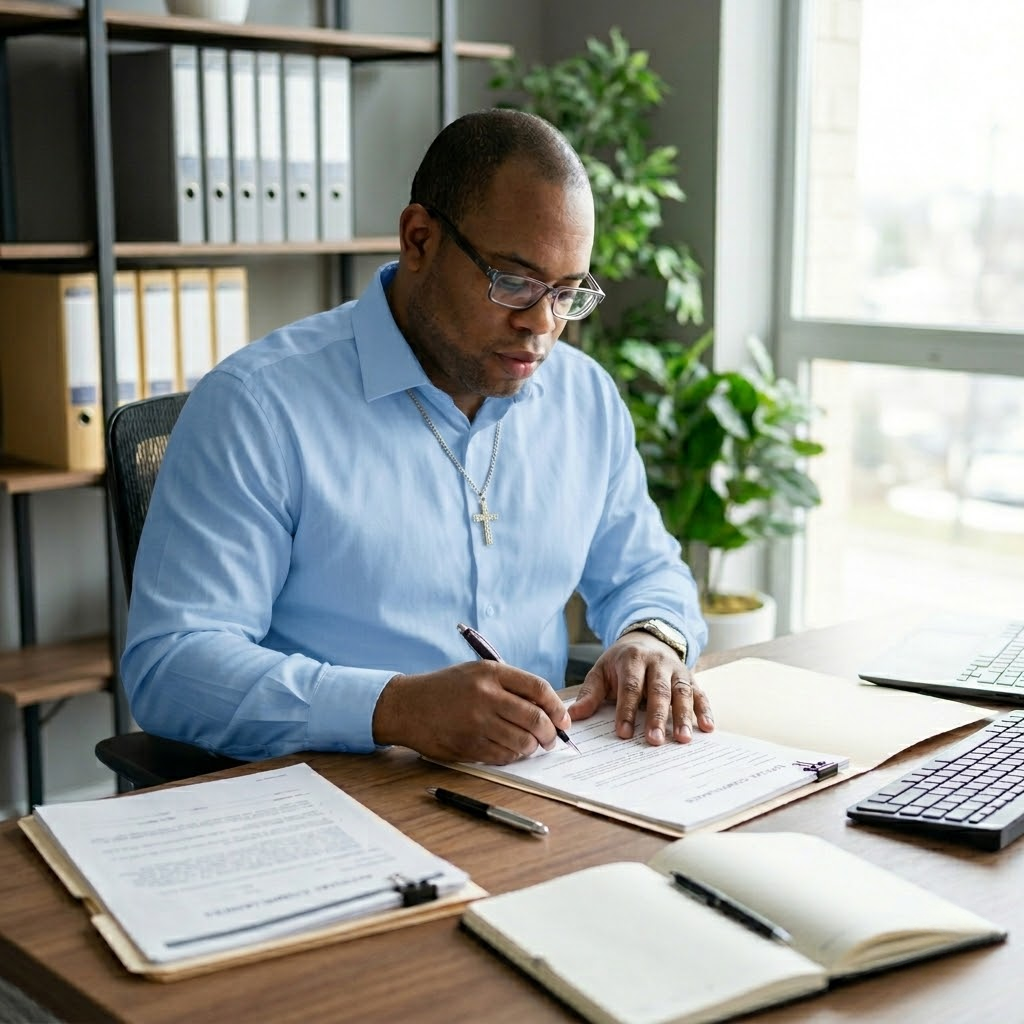 Professional mobile notary reviewing and signing documents at a desk in a well-lit office environment