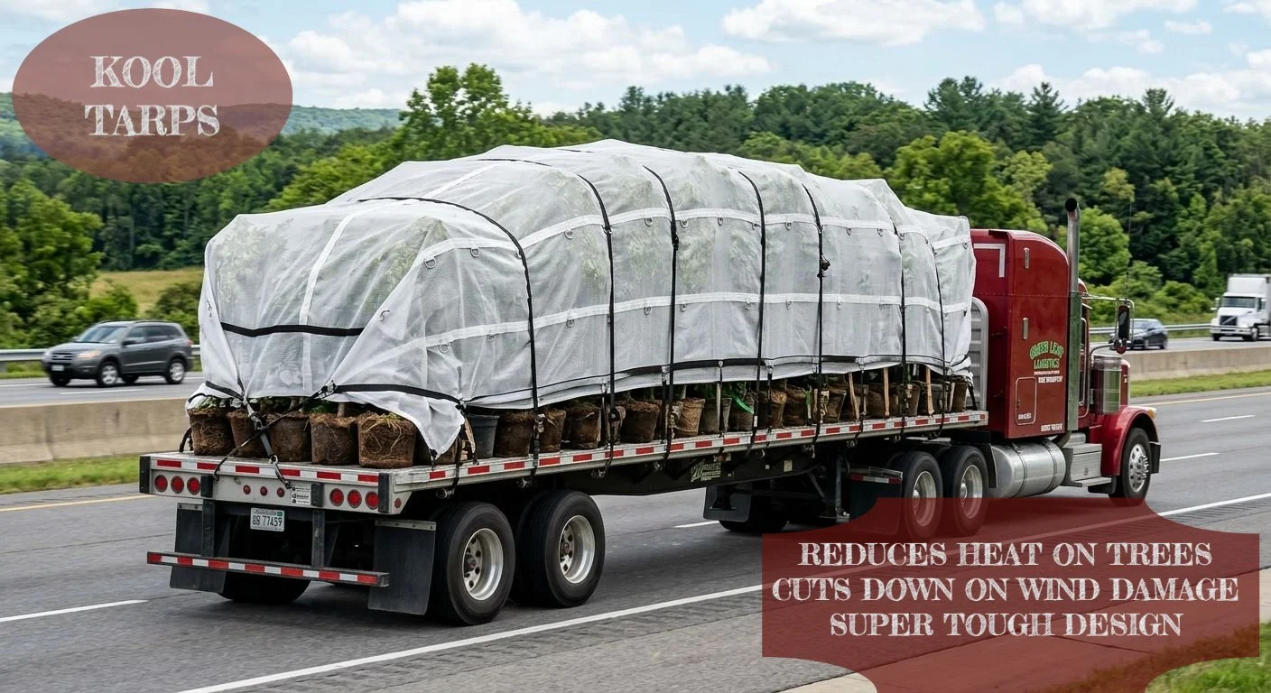 Overhead diagram of white mesh flatbed tree tarp showing sewn edges, grommets, and parallel D-ring rows.