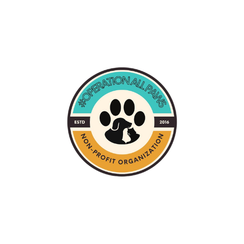 Logo for #OperationAllPaws, a non-profit organization, featuring a paw print and a dog silhouette, with text indicating it was established in 2016.