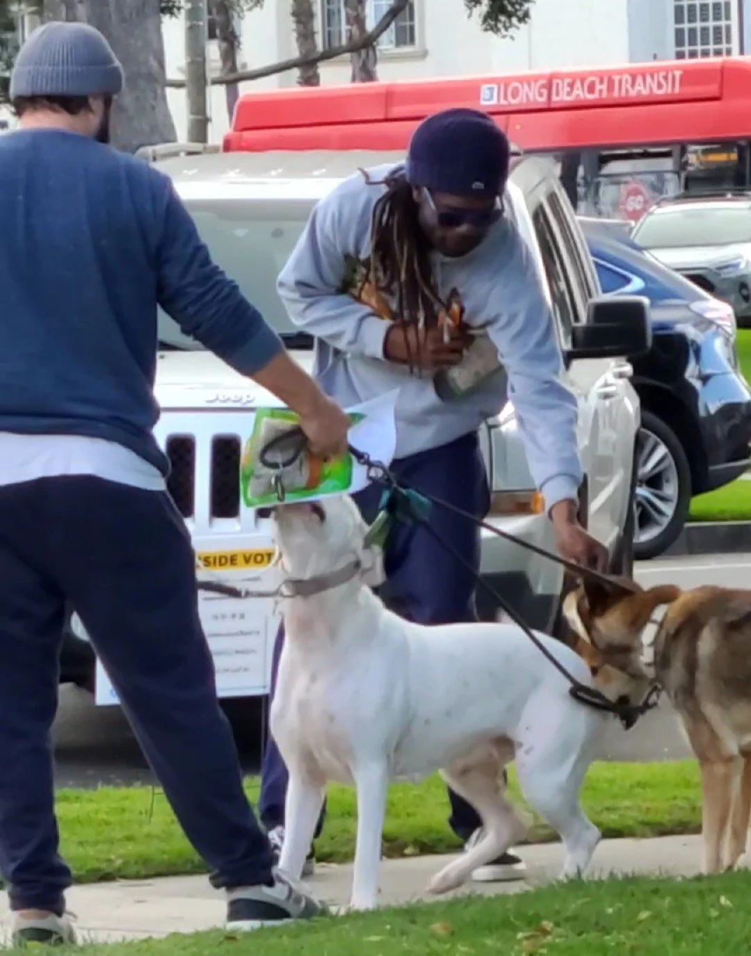 Two men with dogs in a city parking lot, one man wearing a gray sweatshirt and sunglasses, another in a blue sweater and beanie, the dogs are on leashes