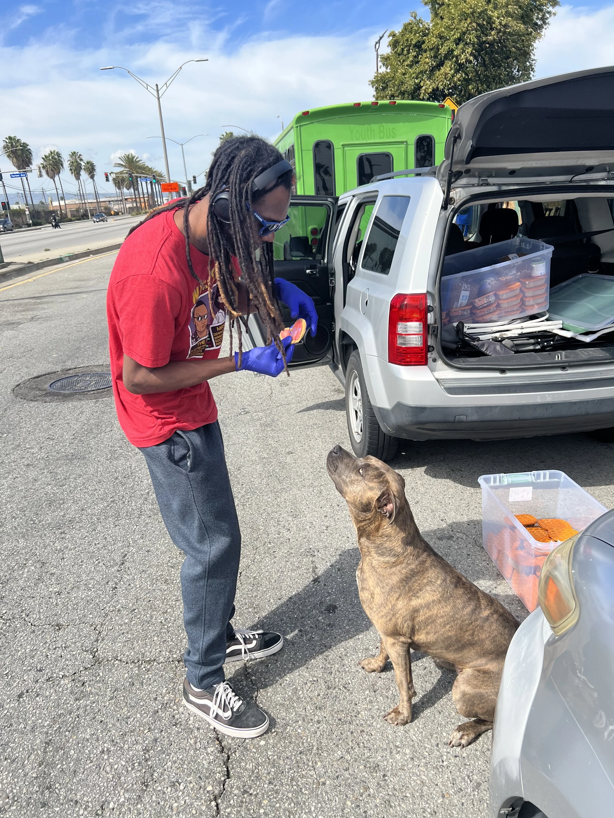 A person with long dreadlocks, wearing a red shirt, gray pants, black sneakers, and blue gloves, is feeding a brown dog sitting on a parking lot ground beside a silver car with an open trunk. In the background, a green bus and some trees are visible.