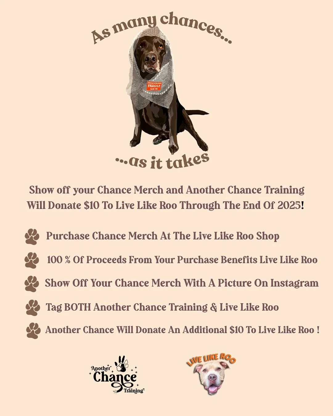 🎗️ Wrapped in bubble wrap, living like Roo, and giving your fight against cancer as many chances as it takes 🐶✨

📣 Yesterday we announced the launch of Chance merch on the Live Like Roo Shop

🎨 Huge thank you to @justusijoseph for bringing Chance