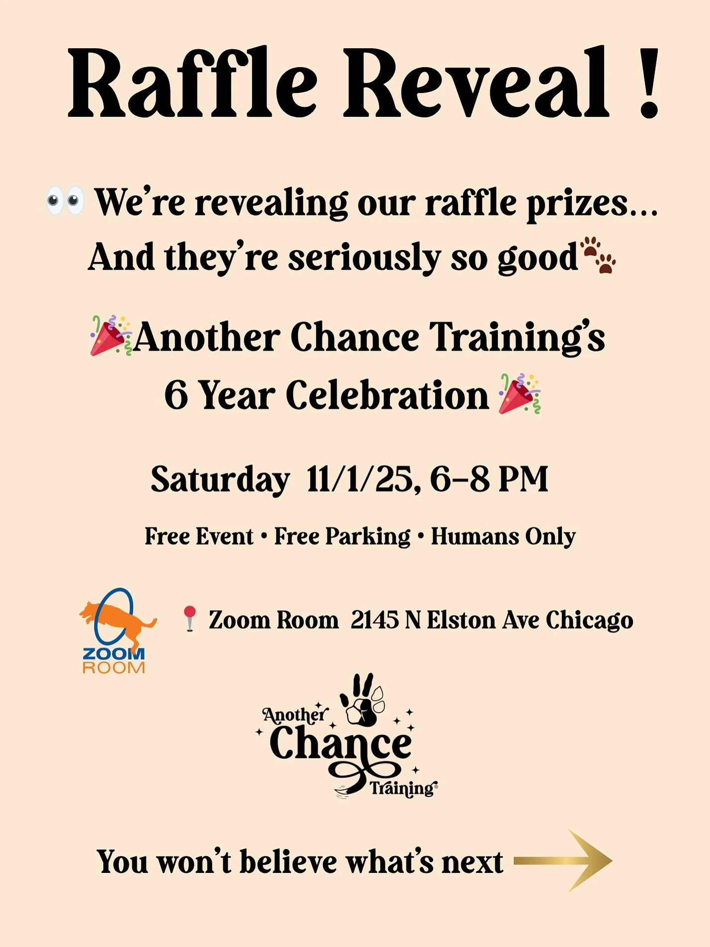 🎟 5 Raffle Prizes. 1 Free Ticket. Endless Fun.🎉
Here’s what you could win at our 6-Year Celebration:
🍪 Gift basket from @figandtyler 
🐾 Gift certificates from local favorites
@zoomroomchi 
@simplysweetcarolines
@groomies_chicago 
🐶 The