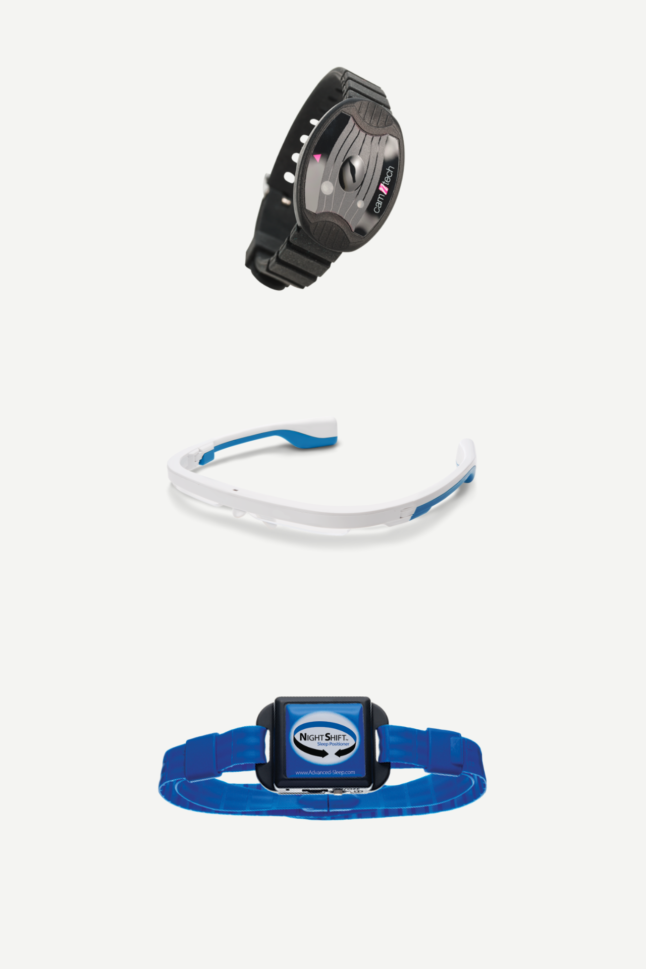 Image of three different wearable devices on a white background: a black wristband with "camNtech" label, a white and blue headband, and a blue "Night Shift Sleep Positioner" wrist device.