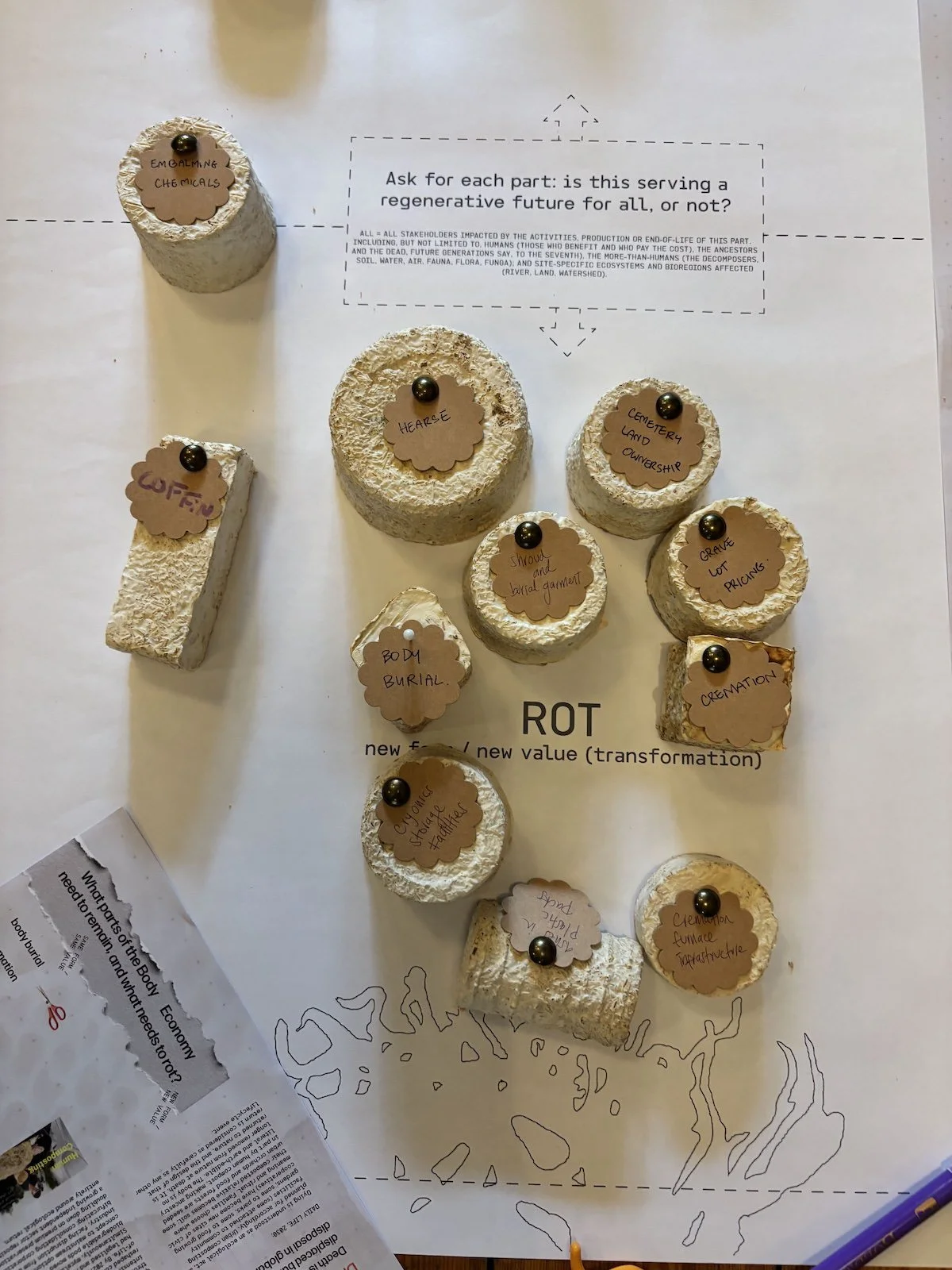 Aerial view of workshop tabletop showing labelled mycelium building blocks.