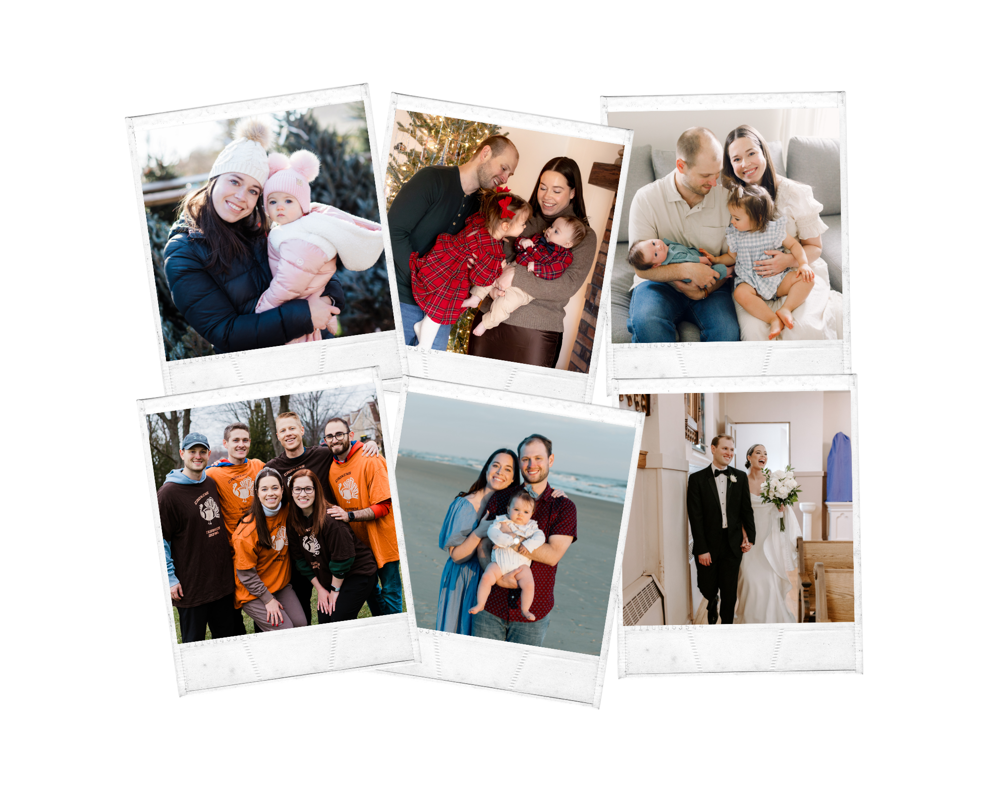 Collection of six family and couple photos, including outdoor, holiday, wedding, and casual settings.