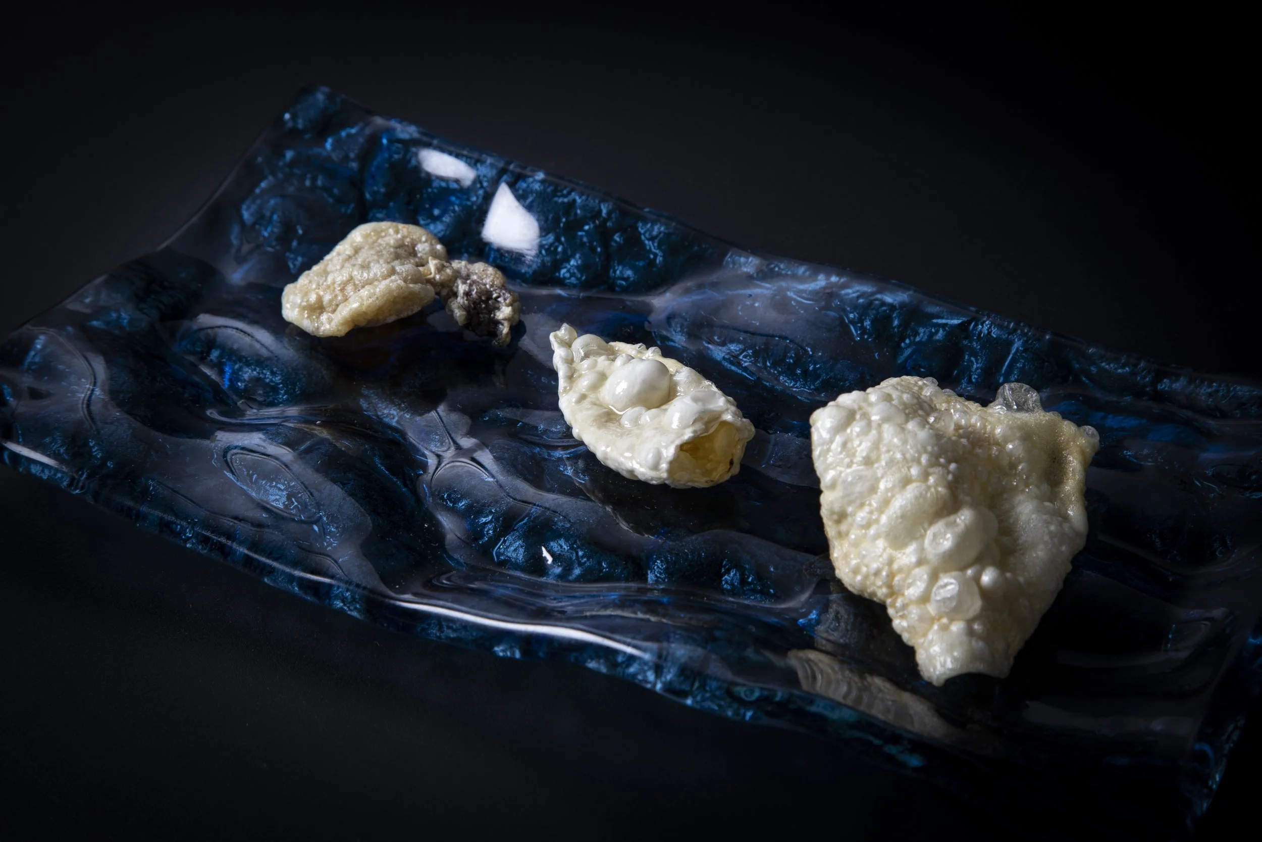 Puff-textured calamari fried without flour — innovative technique by Chris Quirós using alkaline denaturation to achieve crispness and protein expansion.