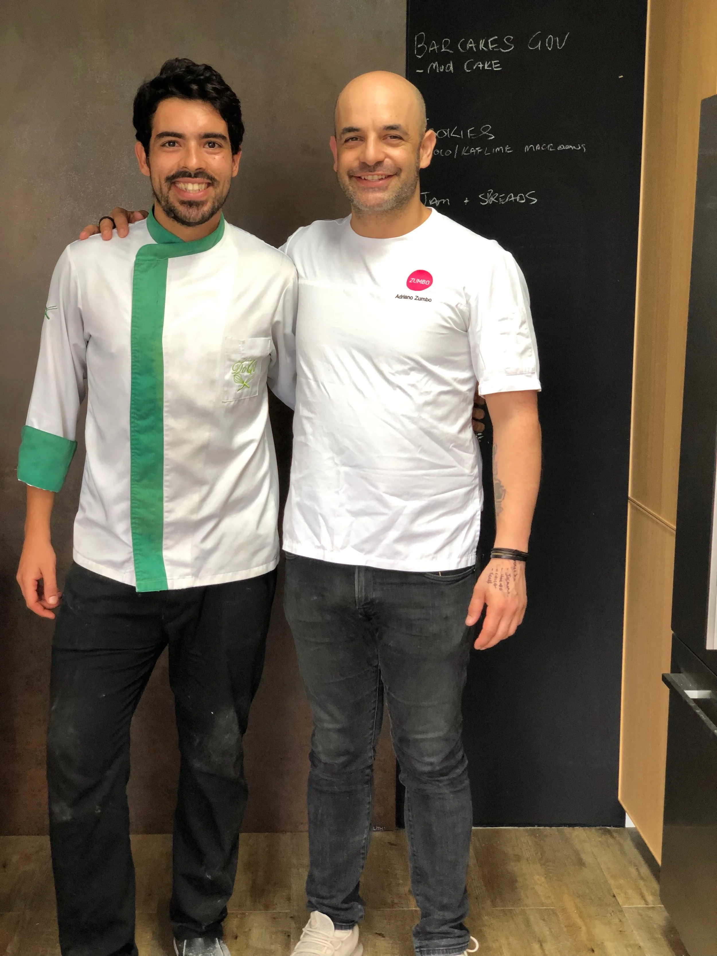 Chris Quirós with pastry chef Adriano Zumbo during his first professional experience in Australia (2018) — captured behind the scenes at Zumbo Patisserie in Sydney.