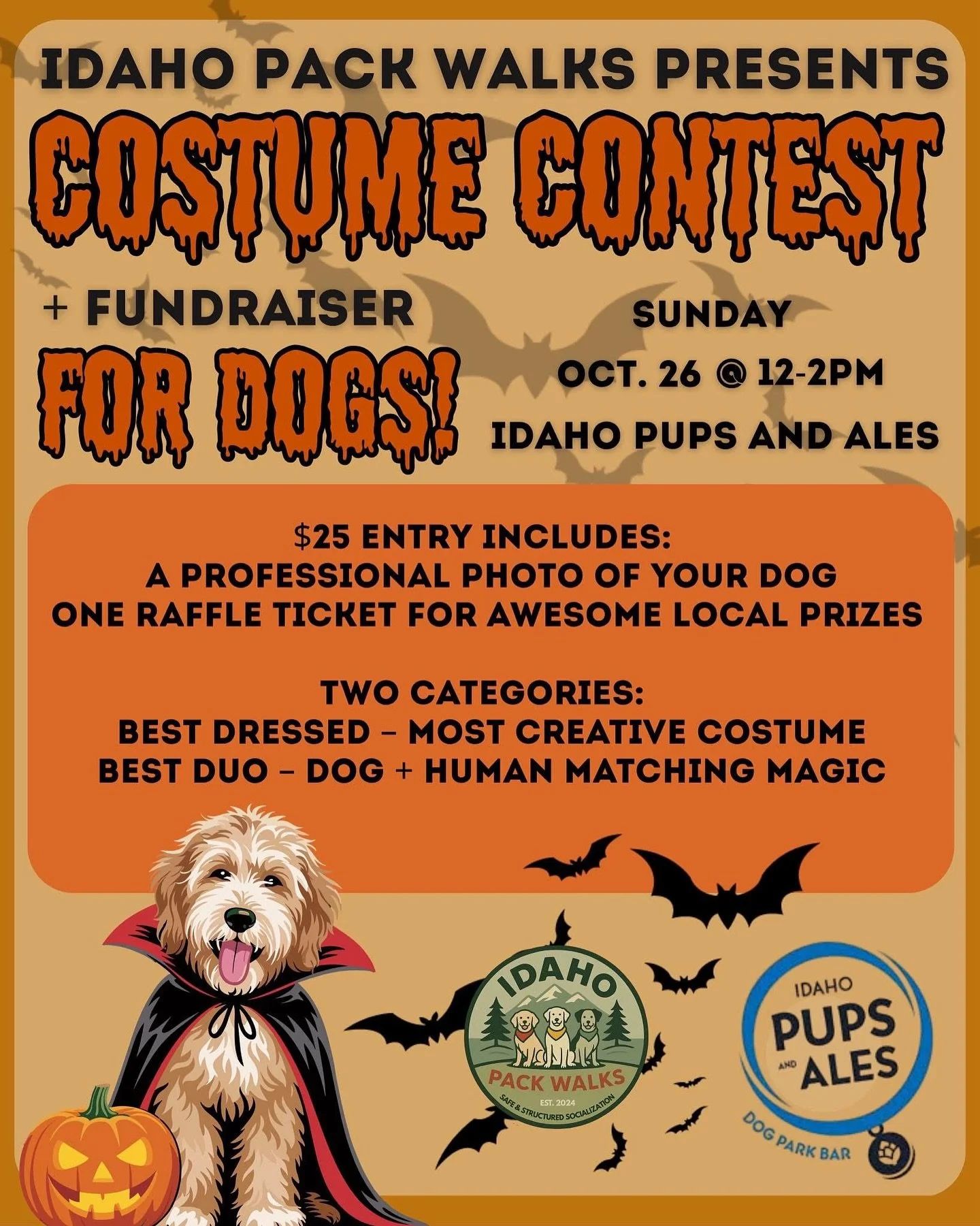 Tomorrow&rsquo;s the big day! 🎉
Join us at Idaho Pups &amp; Ales for our Idaho Pack Walk Costume Contest &amp; Fundraiser! 🐾
Join us on October 26th for an afternoon full of dogs, drinks, and community &mdash; all for a great cause! We&rsquo;re rai