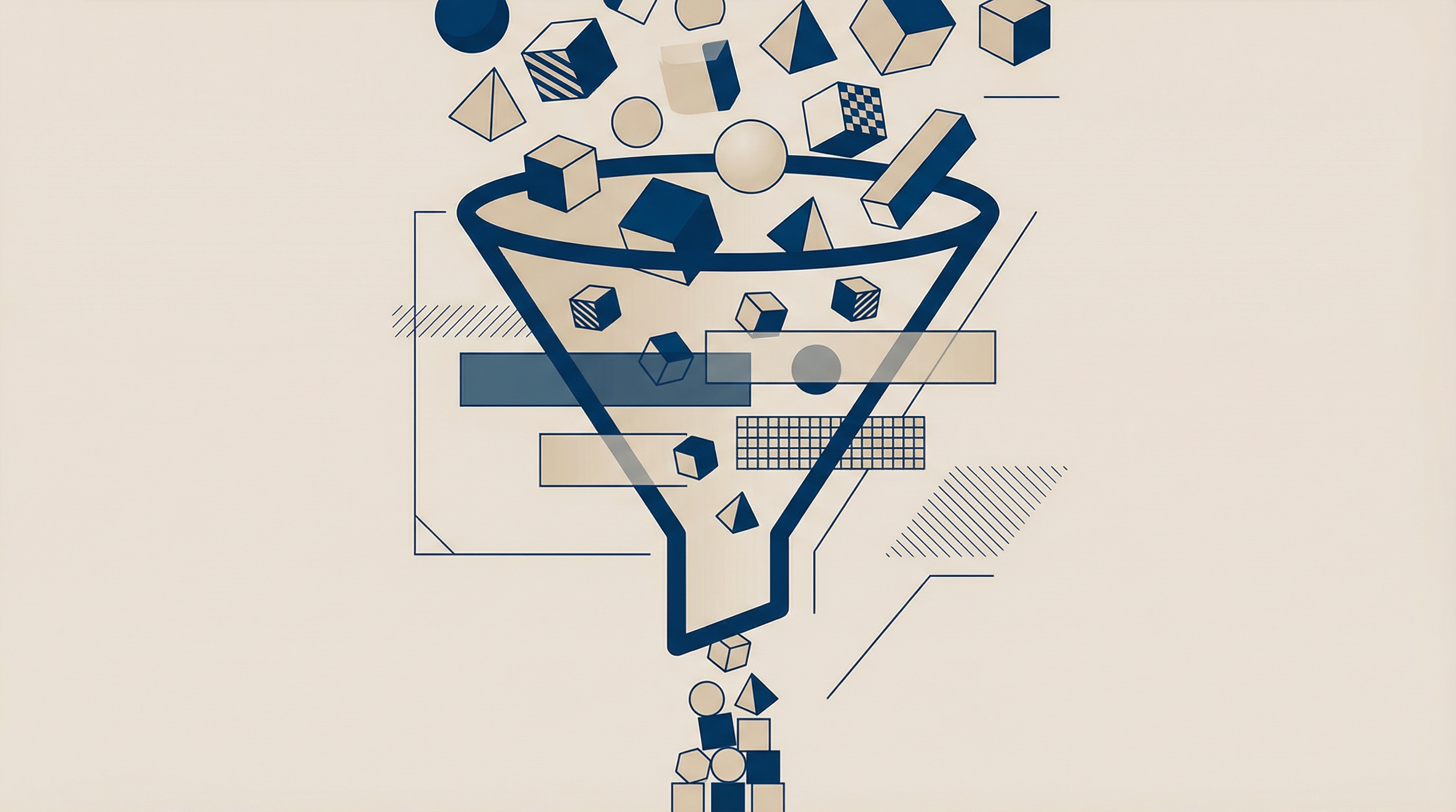 Abstract funnel filtering data blocks representing Salesforce data quality for AI