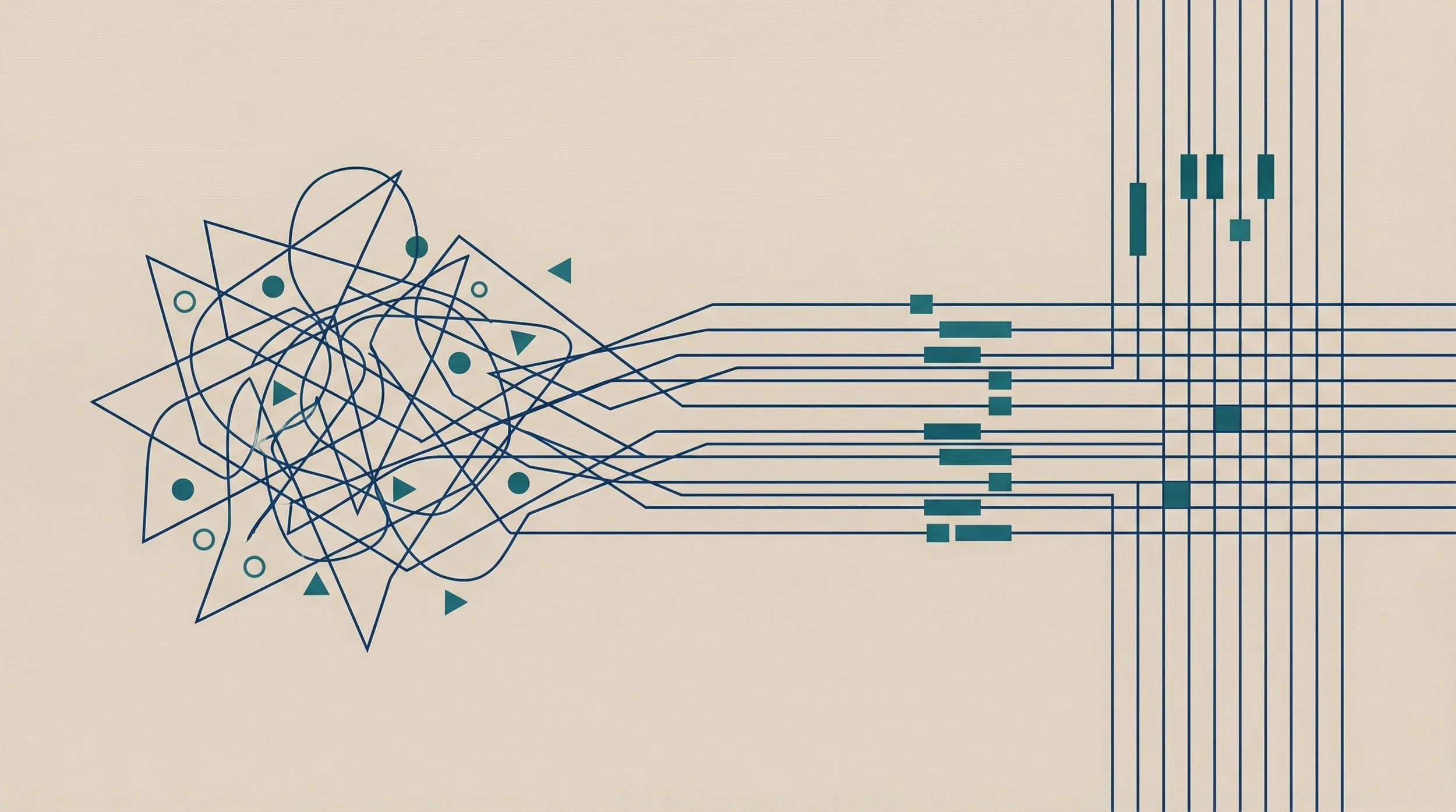 Digital illustration of a neural network transforming into a circuit board with interconnected lines and geometric symbols on a beige background.