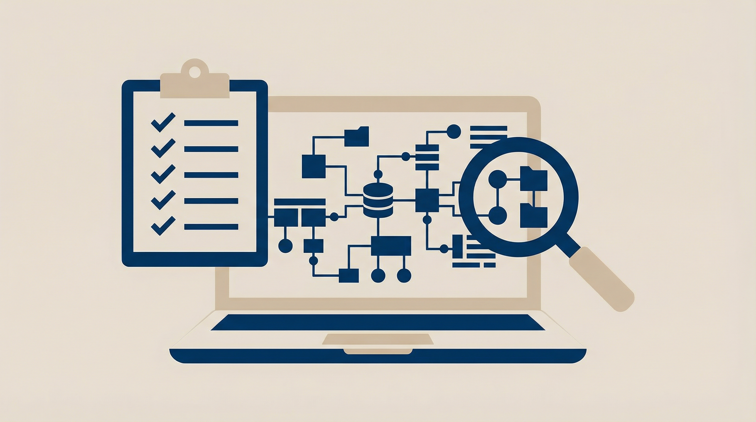 Clipboard + magnifying glass over database