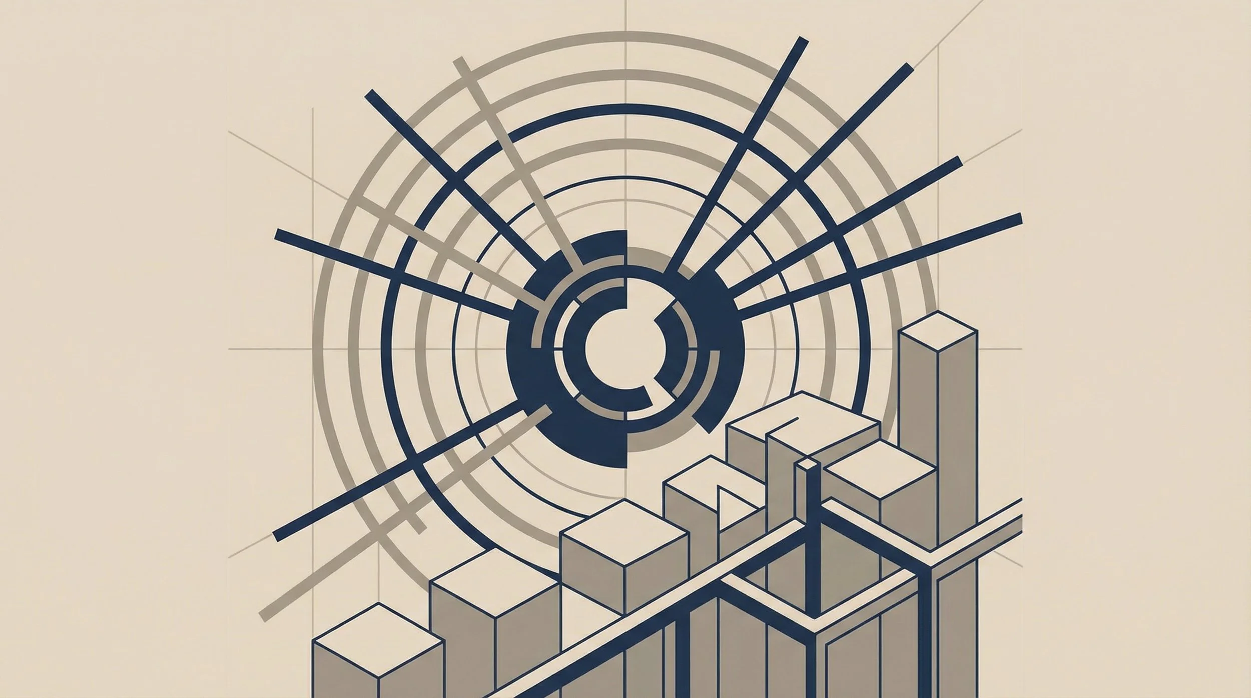 A modern, abstract infographic featuring concentric circles and radial lines resembling a radar chart, with 3D bar graphs in the foreground.