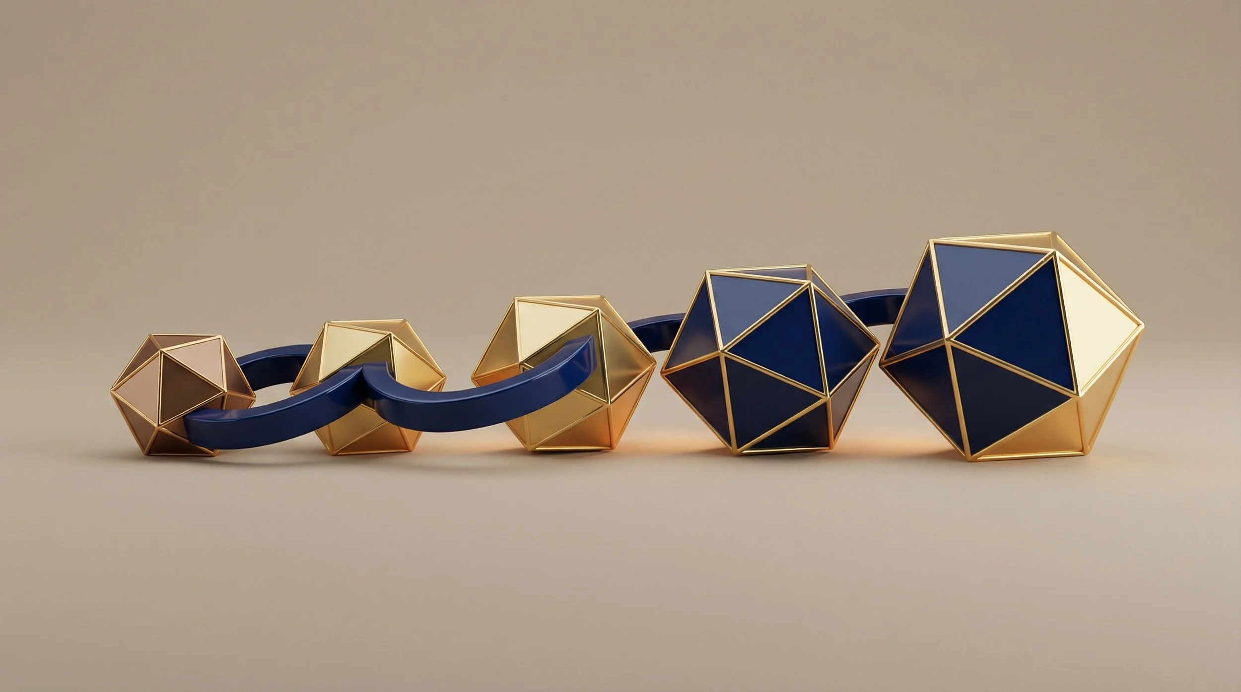 Collection of geometric metallic and blue objects resembling gemstones connected by a blue curved bar, set against a plain background.